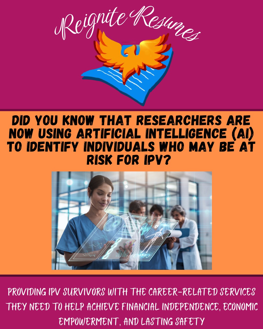 AI research is transforming how and when IPV can be identified.
Check out our post to learn more about this breakthrough research.
#reigniteresumes #npo #nonprofit #youthled #femaleled #resume #resumes #recruitment #domesticviolence #ipv #youthleaders #youthleadership #jobs #careers #employment