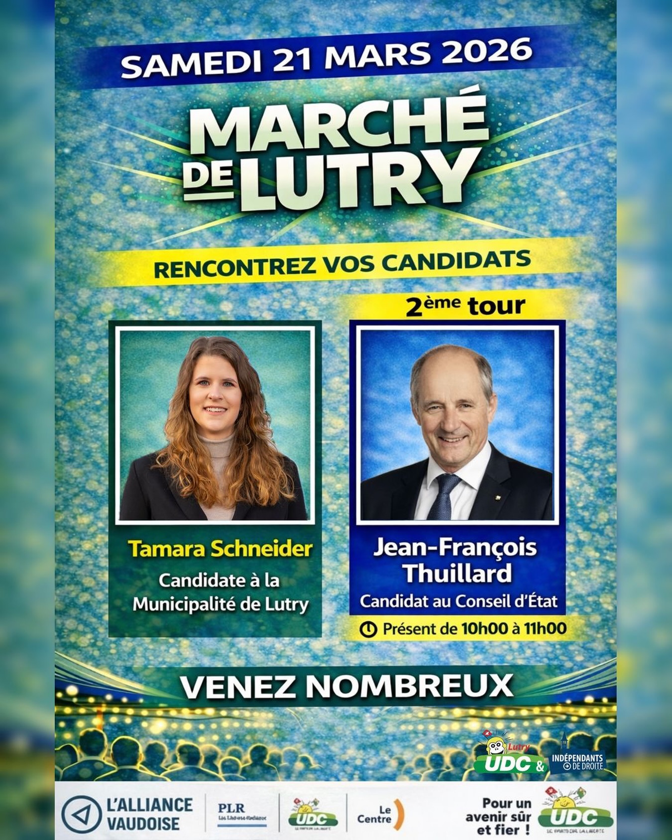 📍 Rendez-vous au Marché de Lutry !
Ce samedi 21 mars, venez à notre rencontre, échanger et poser vos questions dans une ambiance conviviale 🤝
🕘 Présence de Jean-François Thuillard de 10h à 11h
Au plaisir de vous voir nombreux !
#ec2026 #lutry #marché #udc #elections