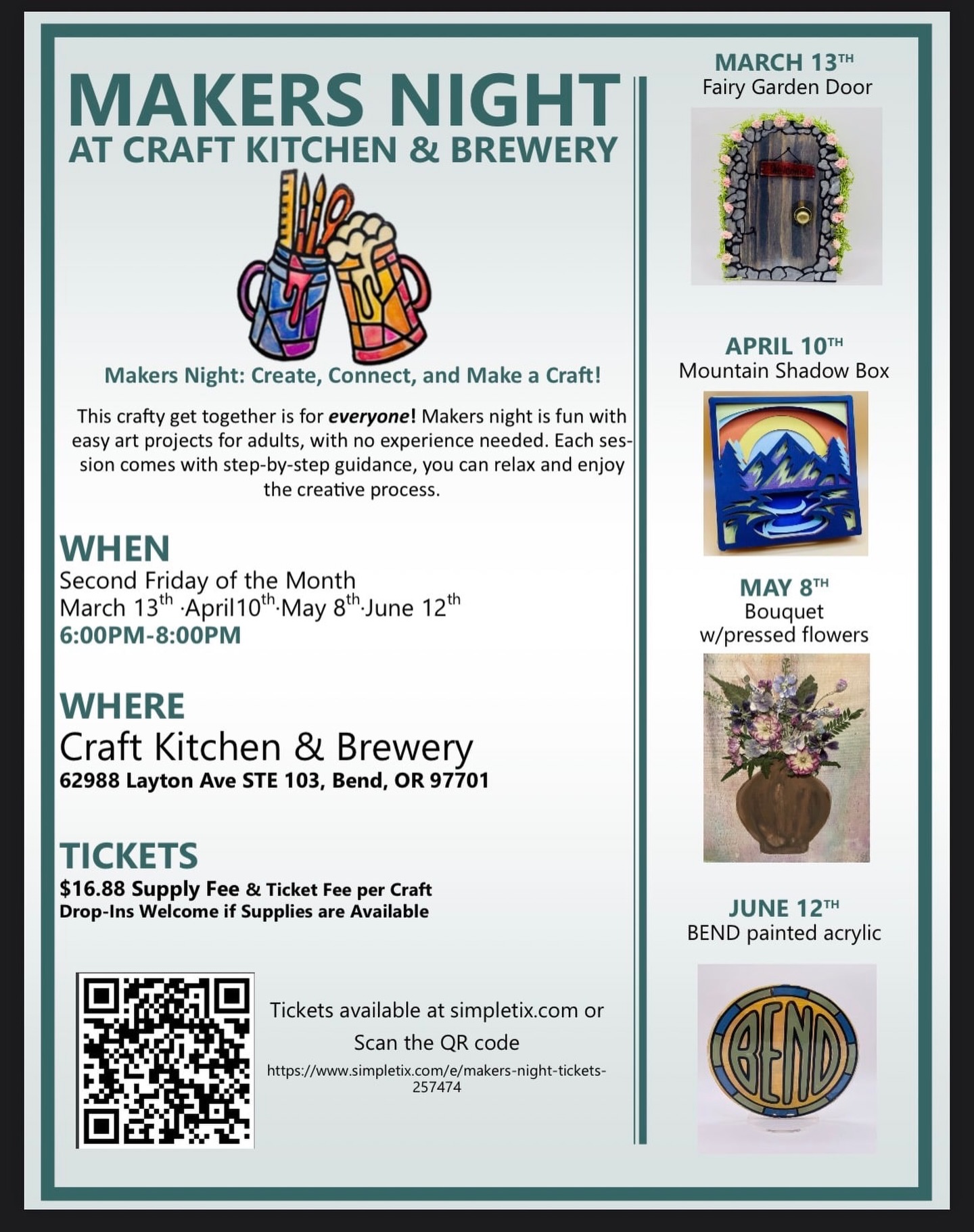 MAKERS NIGHT AT CRAFT KITCHEN & BREWERY!!! This crafty get together is for everyone! Makers night is fun with easy art projects for adults, with no experience needed. Each session comes with step-by-step guidance, you can relax and enjoy the creative!