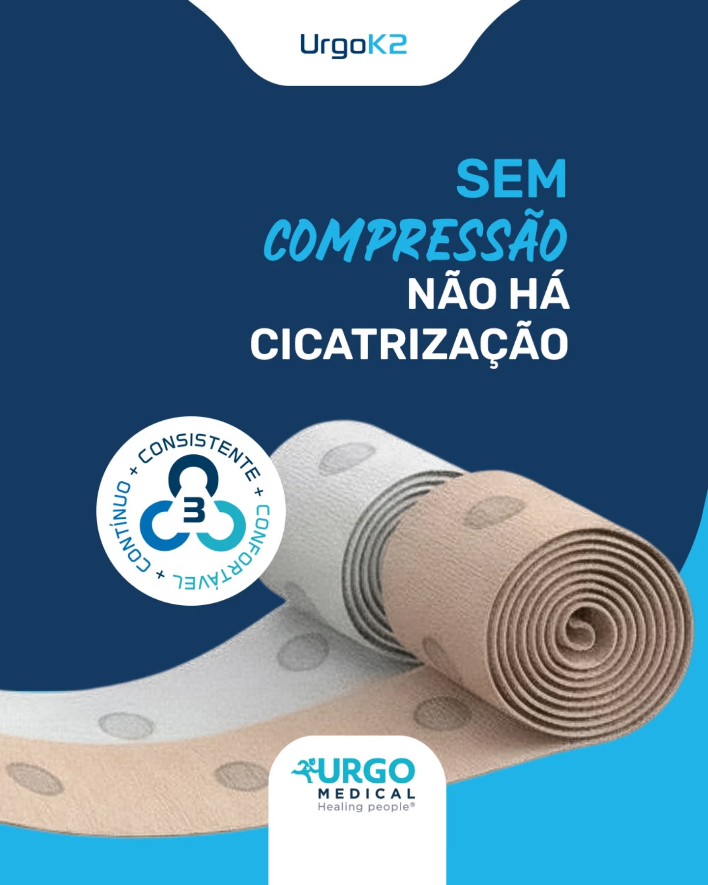 UrgoK2 oferece compressão Contínua, Consistente e Confortável, graças à eficácia comprovada do sistema multicomponente.
Conheça a solução que otimiza resultados no tratamento de lesões venosas, edemas e linfedemas, elevando o padrão do cuidado em compressão terapêutica.