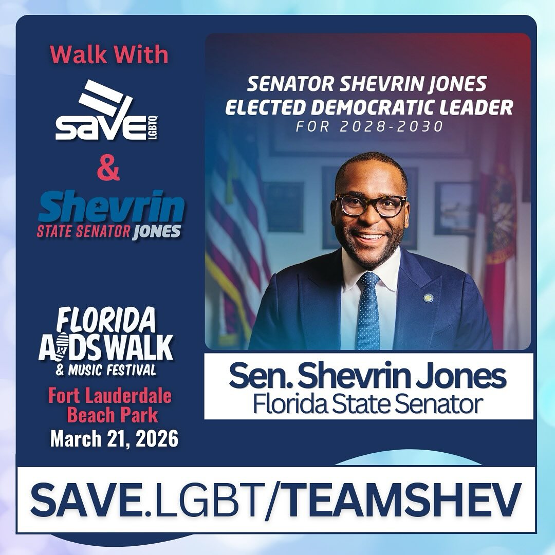 Walk with State Senator Shevrin Jones this Saturday, March 21, 2026 at the Florida AIDS Walk & Music Festival. We’ll kick off with a 5K walk along the beach, followed by a music festival featuring rap icon and actress Queen Latifah.
SAVE is proud to walk alongside Senator Jones @shevrinjones who was recently elected to be the next Minority Leader in the Florida Senate.
Sen. Jones represents District 34 covering Northeast Miami-Dade and made history as the first LGBTQ person elected to the Florida Senate. A former public school teacher and longtime advocate for equity, he has championed bipartisan efforts ranging from criminal justice reform to expanding clean syringe access and strengthening accountability in public safety through police body cameras.
His leadership reflects the power of representation and the urgency of protecting dignity and opportunity for all Floridians. Thank you Senator Jones!
Sign up now to join Team SHEV as he walks with SAVE at @ahf_floridaaidswalk where every step supports efforts to end HIV stigma and expand housing and access to life-saving medication for people living with HIV/AIDS.
📍 Fort Lauderdale Beach Park
🗓 Saturday, March 21, 2026
🕘 Walk at 10 AM | Music Festival Follows
Attend free when you sign up with SAVE! Register at the link in our bio or at SAVE.LGBT/TEAMSHEV