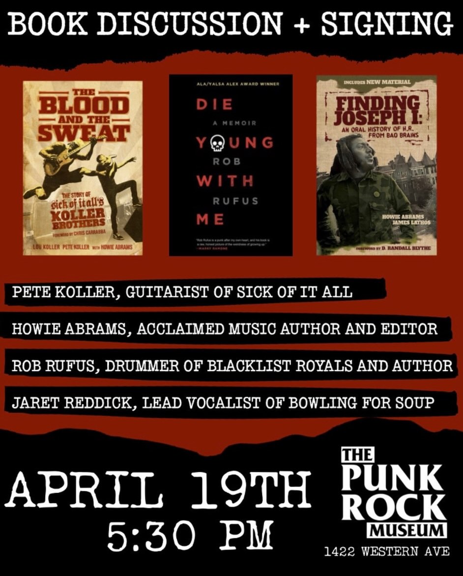 Panel Discussion and Book Signing on Sunday, April 19th at The Punk Rock Museum.
The museum will host a special panel discussion and book signing event on April 19th featuring influential voices from the punk and hardcore music scenes.
Scheduled to appear are:
Pete Koller, guitarist of Sick of It All
Howie Abrams, acclaimed music author and editor
Rob Rufus, drummer of Blacklist Royals and author
Jaret Reddick, lead vocalist of Bowling for Soup
The panel will explore their careers in music, the creative process behind their writing, and the intersection of punk culture and literature. Following the discussion, attendees will have the opportunity to meet the guests and have books signed.