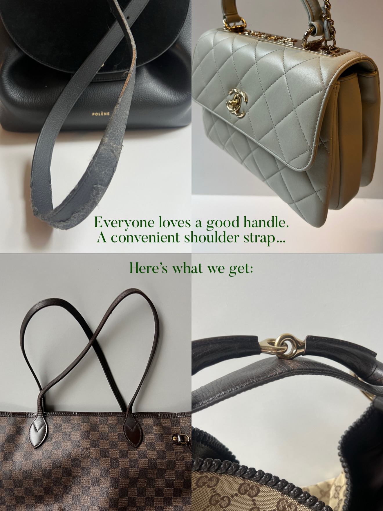 No brand or make is safe when it comes to the handles and strap of luxury handbags. We’ve seen it all. Whether it’s #Hermes, #LouisVuitton, #Chanel, #Loewe or the new favourite; #Polene, all handles and straps are prone to wear and damage. Swipe for tips on Do’s and Don’ts to help prevent the wear 🤍