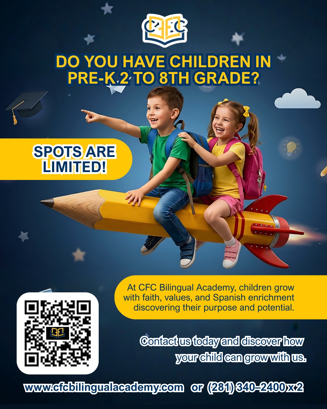 Ready for take-off? ✏️
✨ At CFC Bilingual Academy, we help students from Pre-K 2 to 8th grade discover their purpose.
Spots are filling up fast! Drop a "🚀" if you're ready for your child to reach new heights this year!
_________________________________________
¿Listos para el despegue? ✏️
✨ En CFC Bilingual Academy, ayudamos a estudiantes desde Pre-K 2 hasta 8vo grado a descubrir su propósito.
¡Los cupos se agotan rápido! ¡Deja un "🚀" si estás listo para que tu hijo/a alcance nuevas metas este año!