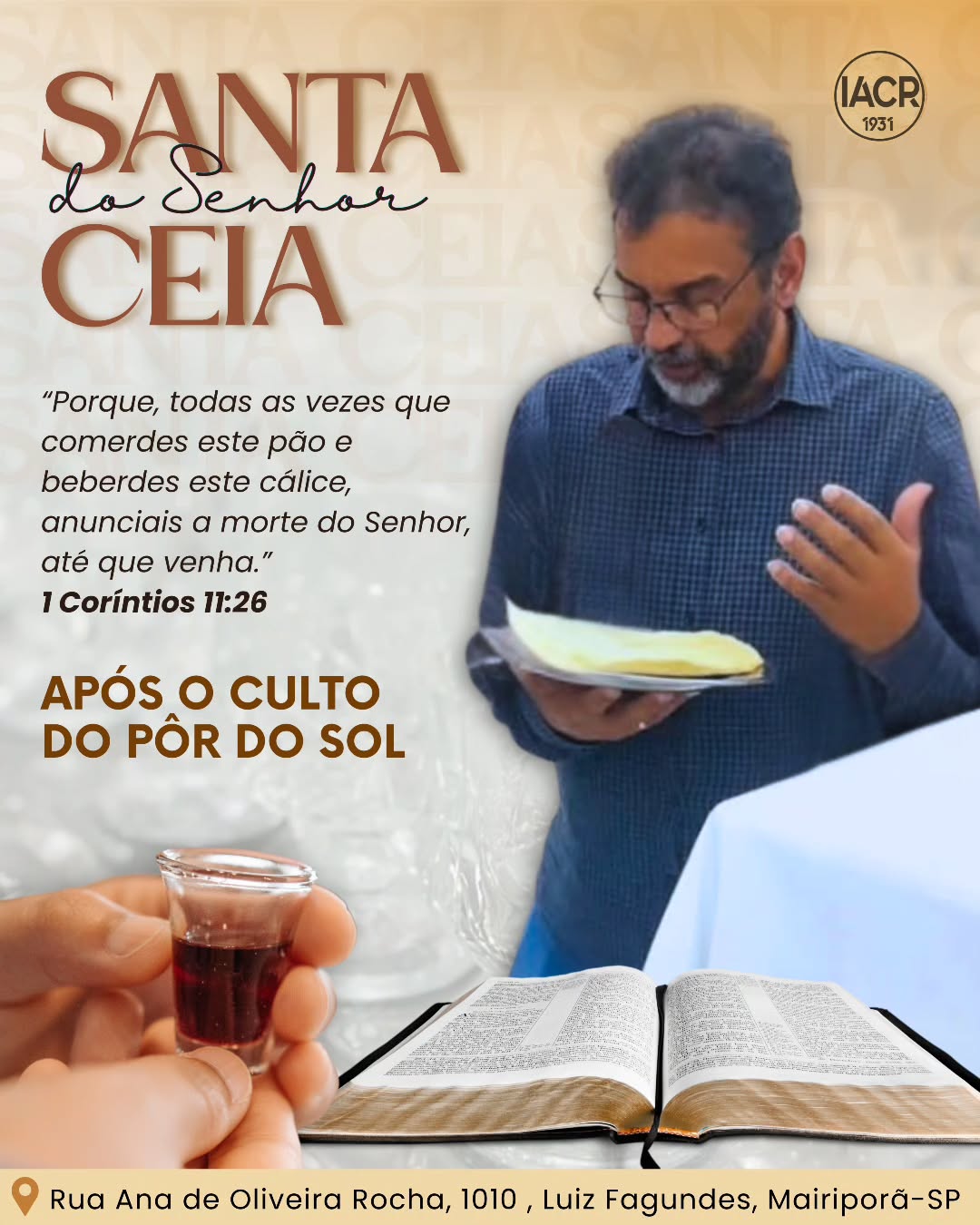 Convite Especial 🙌
Na verdade, na verdade vos digo que, se não comerdes a carne do Filho do homem, e não beberdes o seu sangue, não tereis vida em vós mesmos.
Quem come a minha carne e bebe o meu sangue tem a vida eterna, e eu o ressuscitarei no último dia.
Porque a minha carne verdadeiramente é comida, e o meu sangue verdadeiramente é bebido.
Quem come a minha carne e bebe o meu sangue permanece em mim e eu nele.
Assim como o Pai, que vive, me enviou, e eu vivo pelo Pai, assim, quem de mim se alimenta, também viverá por mim.
João 06:53-57
#santaceiadosenhor #corpodecristo #irmãosiacr