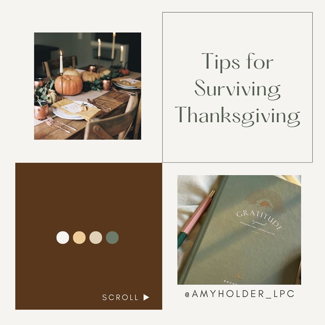 Can you believe it’s Thanksgiving already? Let's prioritize our mental well-being with these mindful tips to navigate the holiday season gracefully. Swipe left for tips to cope through your Thanksgiving experience:
•
•
•
•
#CopeDuringTheHolidays #SurvivingTheHolidays #ThanksgivingTips #MentalHealthRecovery #MentalHealth #SelfHelpTools #SelfHelpTips #Growing #Health #PersonalGrowth #Therapy #Teletherapy #TherapistOfInstagram #moderntherapymadison #amyholder_lpc