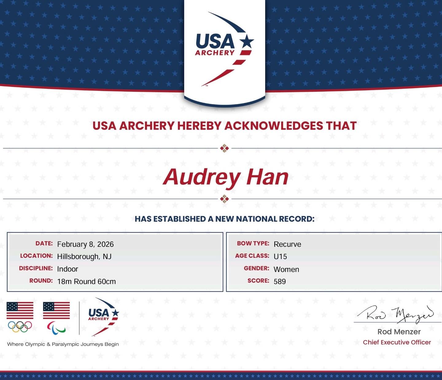 ๐ Great news!
Audrey has set a USA Archery U15 Women National Record ! ๐น
Please join us in congratulating Audrey! ๐