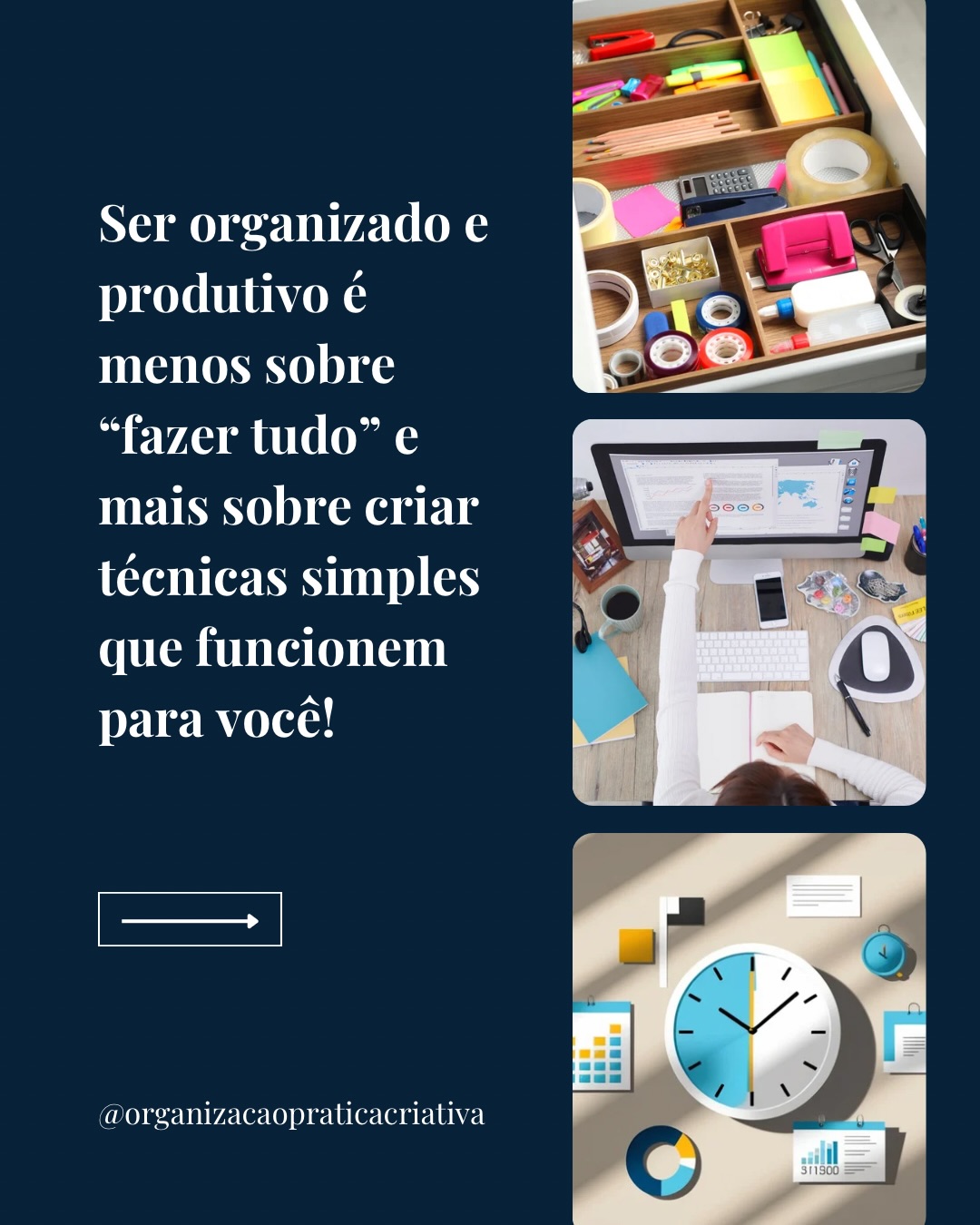 Ser organizado e produtivo é menos sobre “fazer tudo” e mais sobre criar técnicas simples que funcionem para você!
1. Comece pelo essencial: clareza
Antes de organizar, você precisa saber o que realmente importa.
• Liste seus objetivos da semana.
• Escolha 2 ou 3 prioridades reais (não 10).
• Pergunte-se: “O que me aproxima da vida que quero construir?”
Clareza não é luxo — é direção.
2. Organize o seu “fora” para aliviar o seu “dentro”
• Tenha um lugar fixo para cada coisa.
• Use caixas, pastas ou apps simples.
• Esvazie sua mesa no final do dia: 2 minutos que mudam tudo.
Ambientes organizados diminuem distrações e aumentam foco.
3. Use o método do “bloqueio de tempo”
Separe blocos no dia para categorias:
• Trabalho profundo
• Tarefas rápidas
• Mensagens e organização
• Pausas
Isso evita que tudo se misture e vire caos mental.
4. Faça uma lista de tarefas que realmente funcione
Use 3 níveis:
1. Essencial (precisa ser feito hoje)
2. Importante (pode ser amanhã)
3. Oportunidade (se sobrar tempo)
A ilusão da lista infinita só gera ansiedade, não produtividade.
5. Crie rituais, não regras
Regras a gente quebra. Rituais a gente respeita.
• Ritual de abrir o dia: 5 minutos organizando a agenda.
• Ritual de fechar o dia: 5 minutos revendo o que funcionou.
• Ritual semanal: escolher prioridades e planejar.
A organização precisa ser suave para durar.
6. Proteja sua energia
Produtividade não é quantidade, é qualidade.
• Durma bem.
• Hidrate-se.
• Faça pausas reais.
• Não lote sua agenda.
Você produz melhor quando cuida do corpo que te carrega.
7. Simplifique sempre
Pergunte-se:
• Isso precisa mesmo ser feito?
• Precisa ser feito agora?
• Precisa ser feito por mim?
Produtividade é, antes de tudo, escolher.
8. Seja gentil consigo mesmo
Organização é construção.
Produtividade é prática.
Nada acontece de um dia para o outro.
#PersonalOrganizer #Organização #DicaDeOrganização #produtividade #produtivo