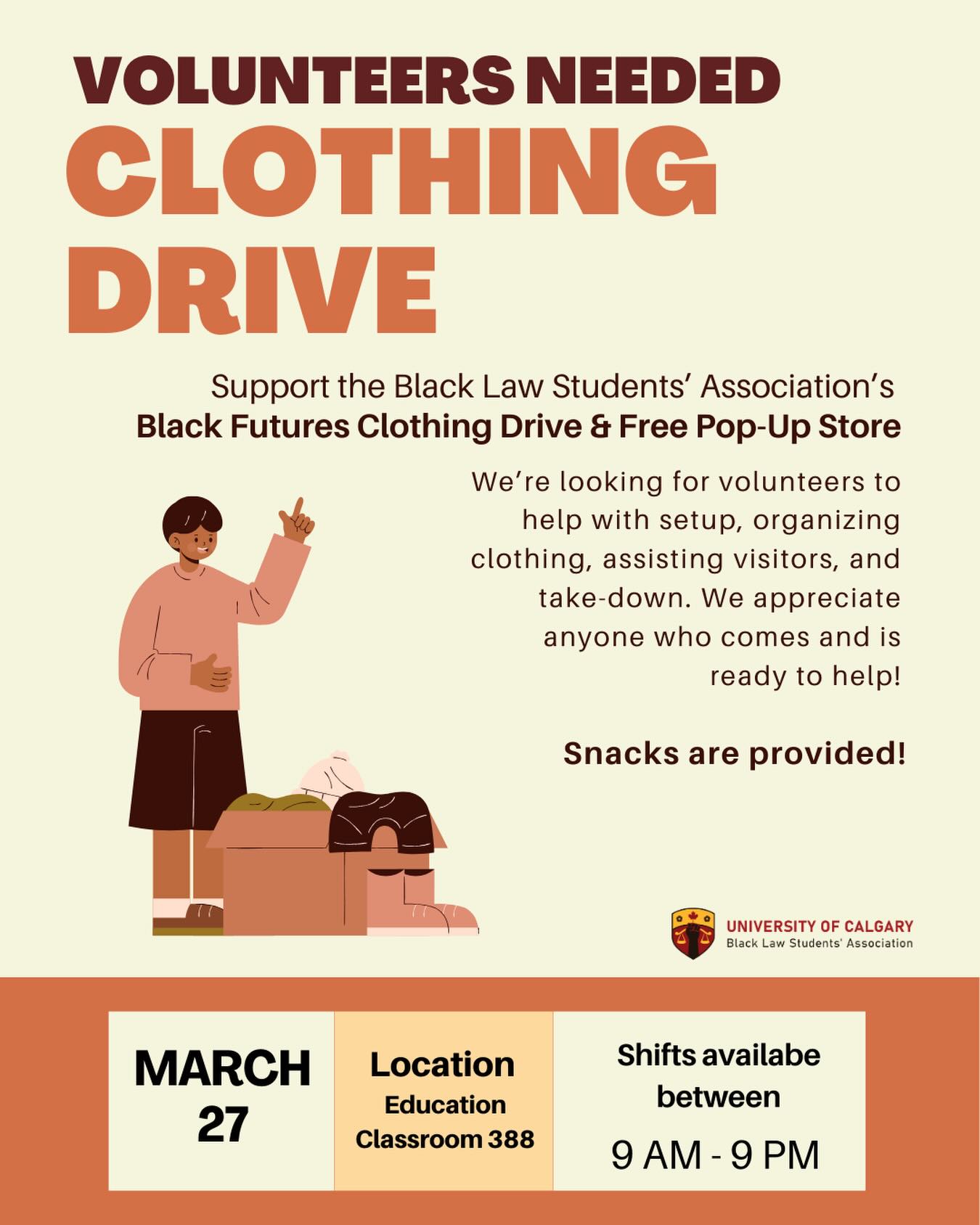 We’re looking for volunteers on March 27 to help with set-up, organizing clothing, assisting visitors, and take-down throughout the day. A great way to get involved, meet people, and support the community.
Shifts available between 9 AM – 9 PM (event runs 1–7 PM).
Refreshments will be provided.
Sign up through the link in our bio.
#UCalgary #YYCEvents #BlackFutures #BLSA #BlackStudentSuccess