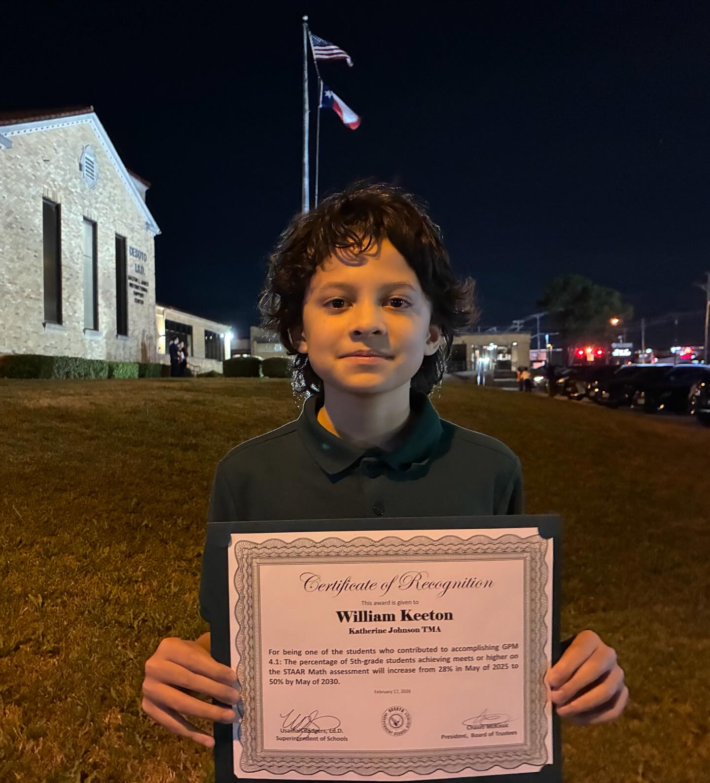 During the February DeSoto ISD Board of Trustees meeting, a small cohort of students in grades 5-8 were celebrated for their outstanding academic achievement. Among them was one of our own, William Keeton! 🤩
William was one of the few honored for achieving Masters Level on the fifth grade STAAR Interim Math Assessment. William’s academic success is not a one time wonder. When he was in the 3rd grade, William received the highest score on the STAAR Math Assessment for all of Dallas ISD!
We are proud of William not just for his performance, but more importantly for developing a character of determination and motivation. Great job William! 👏🤩
#DTEA #DallasNJTL