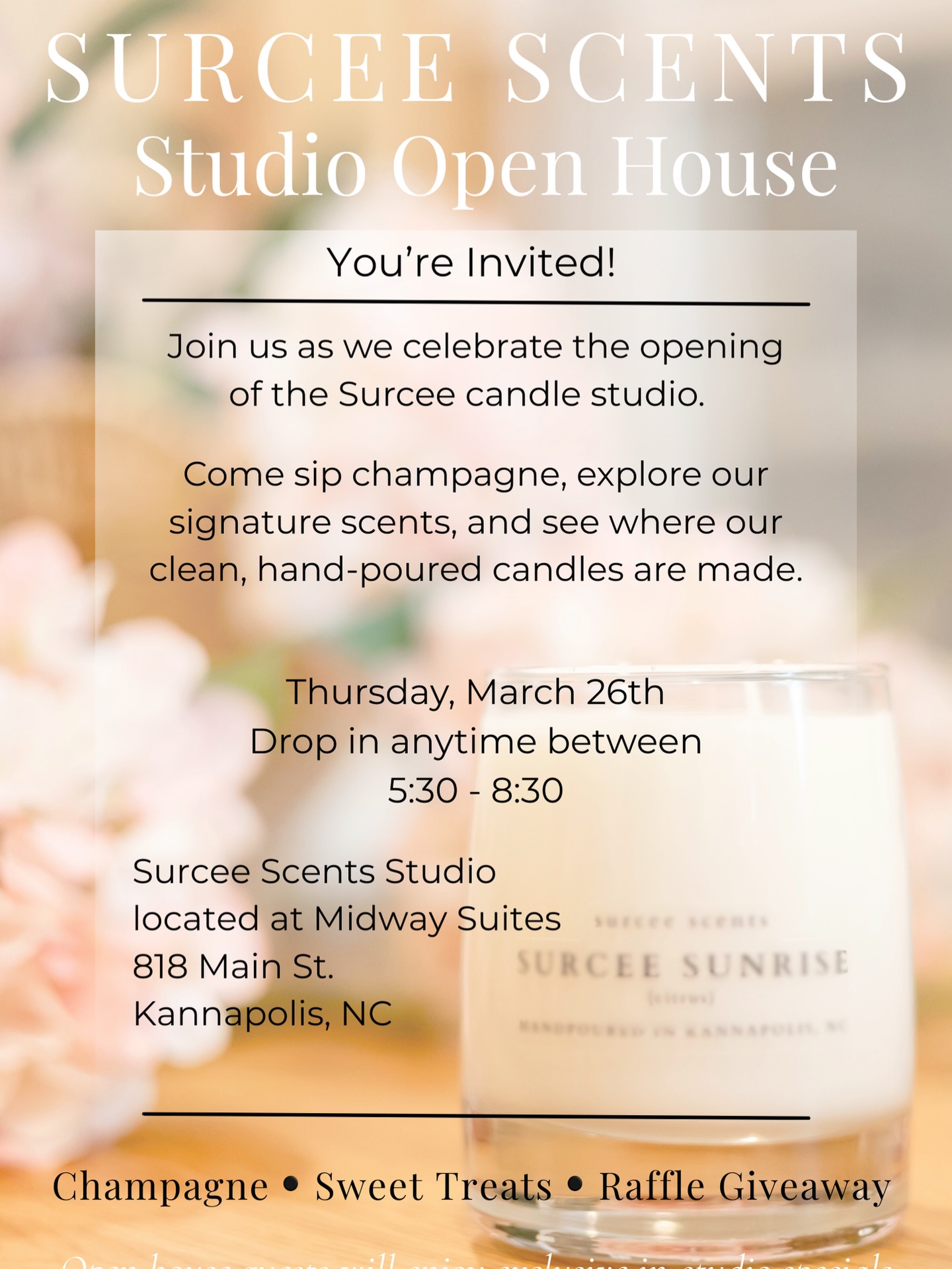 You’re invited!
Join us as we celebrate the opening of the Surcee candle studio!
Come sip champagne, explore our signature scents, and see where our clean, hand-poured candles are made.
✨ Champagne
✨ Sweet treats
✨ Raffle giveaway
✨ Open house specials
📍 Surcee Scents Studio
🗓️ March 26th
⏰ Drop in anytime between 5:30 - 8:30
Bring a friend and come celebrate with us!