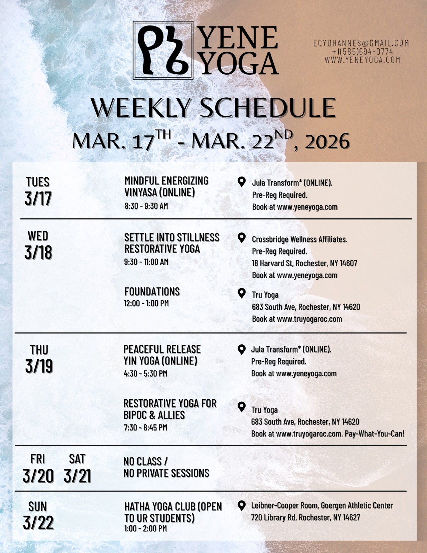 This week's Yene Yoga newsletter is now live! Read on at the link below for an exploration of the yogic observance Īśvarapraṇidhāna, information on upcoming offerings, and a list of local mutual aid resources:
https://www.yeneyoga.com/so/b4Ppnn7Cr?languageTag=en
📌EVENTS:
THURSDAY, 3/19 7:30 - 8:45 PM.
Join me for this month's Yoga for BIPOC & Allies Community Class, held at @truyogaroc ! This will be a Restorative Yoga class. All community classes are pay-what-you-can; props available on-site.
*All Tru classes must be booked directly through Tru at www.truyogaroc.com. All other classes can be booked at www.yeneyoga.com.
🌅Monday 03/16
NO CLASS - Private Sessions Available
🌅Tuesday 03/17
🌳Mindful Energizing Vinyasa (ONLINE ONLY)
8:30 - 9:30 AM EST
Jula Transform
Held ONLINE
$10 flat-rate
Please book at least 30 min* before. PRE-REG REQUIRED.
🌅Wednesday 03/18
🌳Settle into Stillness Restorative Yoga
9:30 - 11:00 AM EST
Crossbridge Wellness Affiliates
18 Harvard St, Rochester, NY 14607
$10/$15/$20 Sliding Scale pricing. PRE-REG REQUIRED.
🌳Foundations*
12:00 - 1:00 PM EST
Tru Yoga
683 South Ave, Rochester, NY 14620
$10/$15/$20 Sliding Scale pricing
🌅Thursday 03/19
🌳Peaceful Release Yin Yoga (ONLINE ONLY)
4:30 - 5:30 PM EST
Jula Transform
Held ONLINE
$10 flat-rate
Please book at least 30 min* before. PRE-REG REQUIRED.
🌳Restorative Yoga for BIPOC & Allies*
7:30 - 8:45 PM EST
Tru Yoga
683 South Ave, Rochester, NY 14620
Pay-What-You-Can Community Class
🌅Friday 03/20
NO CLASS / NO PRIVATE SESSIONS
🌅Saturday 03/21
NO CLASS / NO PRIVATE SESSIONS
🌅Sunday 03/22
🌳Hatha Yoga Club (Available for UR Undergraduate Students)*
1:00 - 2:00 PM EST
University of Rochester
Leibner-Cooper Room, Goergen Athletic Center
720 Library Rd, Rochester, NY 14611
Free for UR Students. Sign up at https://ccc.rochester.edu/hathayoga/home/.
#rochesteryoga #events #beginner #free #vinyasa #yin #restorative #peace #rest #thingstodo #rochesterny #yoga
2w