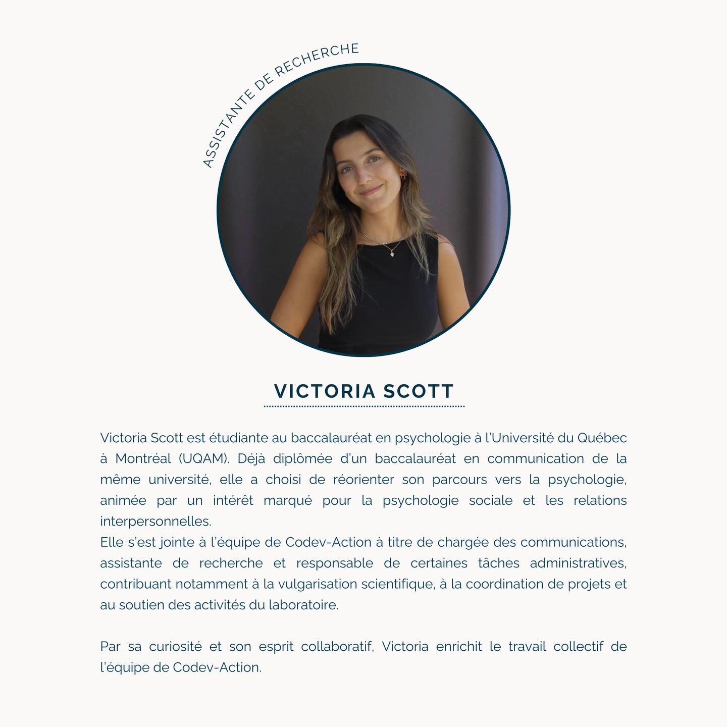 Notre équipe s’agrandit !
Nous sommes ravis de vous présenter Victoria Scott, qui fait partie de l’équipe Codev-Action, où elle contribue aux communications et à l’assistance à la recherche.✨