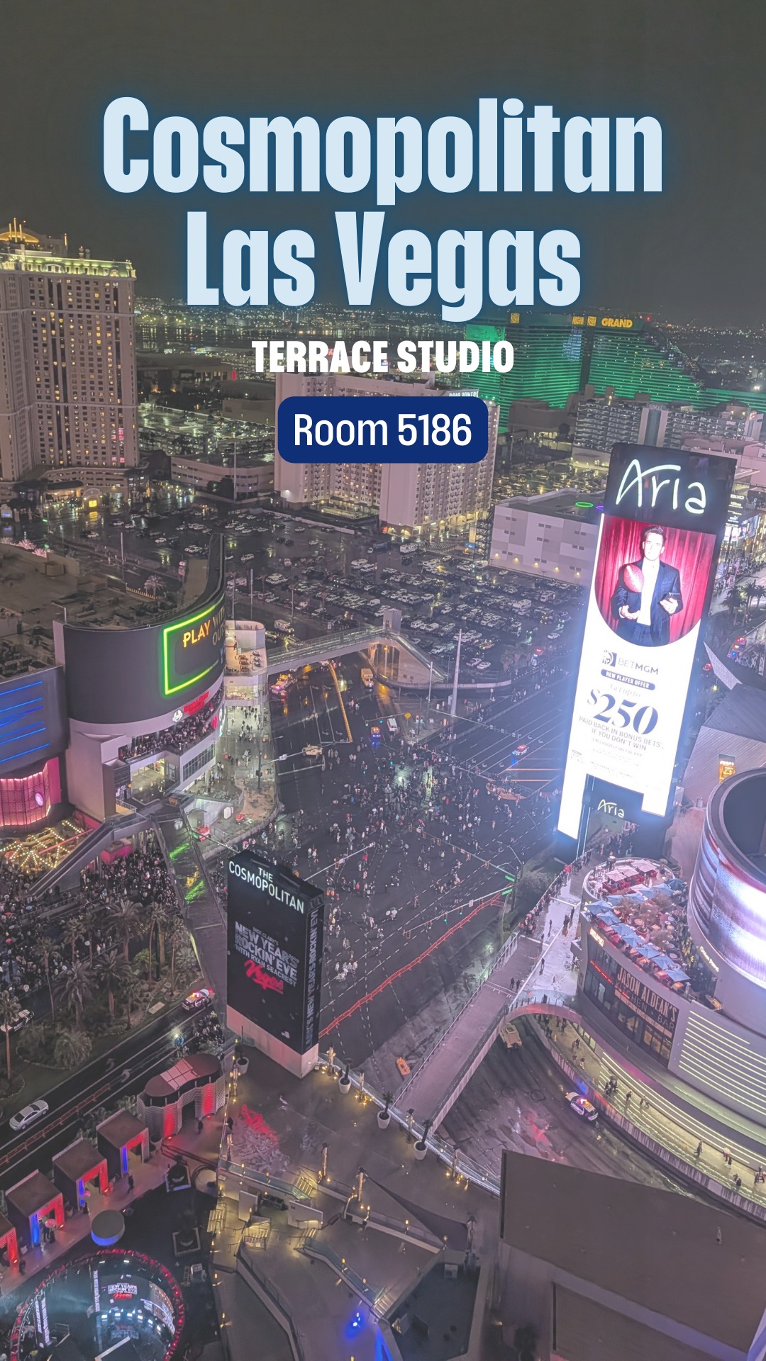 We stayed in Terrace Studio 5186 in the Boulevard Tower at The Cosmopolitan of Las Vegas and this one will always be special.
The terrace gave us an incredible view over the south end of the Strip, and it turned out to be the perfect spot to watch the New Year’s Eve fireworks light up Las Vegas. 🎆✨
Between the private terrace, the view, and the location right in the heart of the Strip, this room is a classic for a reason.