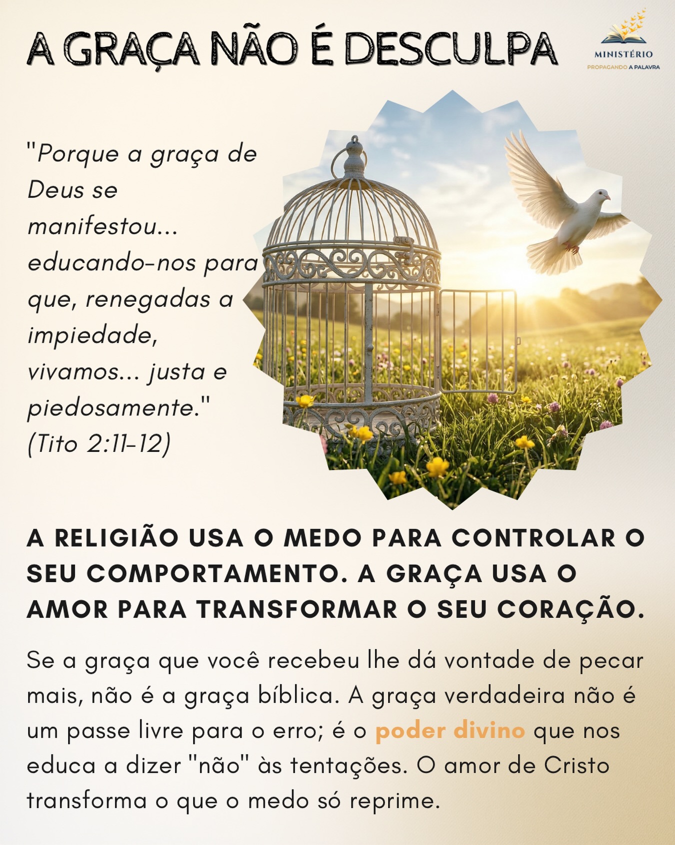 A religião usa o medo para controlar o seu comportamento. A graça usa o amor para transformar o seu coração. ✨🕊️🌿
Meu irmão, preste muita atenção ao que a Palavra de Deus nos ensina sobre a verdadeira natureza da graça em Tito 2:11-12. A graça não nos prende numa gaiola de desculpas para pecar, ela nos dá as asas da liberdade para voar para longe do erro.
Muitos cristãos vivem em queda livre espiritual porque tentam vencer as tentações com a força do próprio braço. A mentalidade religiosa acredita que é o medo do inferno que produz santidade, mas isso é uma mentira. O medo só reprime o comportamento, enquanto o coração continua desejando o pecado.
Mas a verdadeira graça de Deus não é apenas o bilhete de entrada para o céu; ela é o poder que educa e capacita o nosso coração a dizer “não” à impiedade. Quando você experimenta o amor incondicional da cruz, você para de pecar não por medo da punição, mas por puro amor e gratidão a quem o perdoou. O amor transforma.
Essa mensagem falou com você? 🌍 Comente abaixo e compartilhe com alguém que precisa saber que não está sozinho. Aprofunde sua jornada de fé com meus livros. Clique aqui: https://www.propagandoapalavra.com.br/livros
#RedescobrindoAGraca #VerdadeiraGraca #PoderDeDeus #SantificacaoPelaGraca #PastorFlavioMacieira