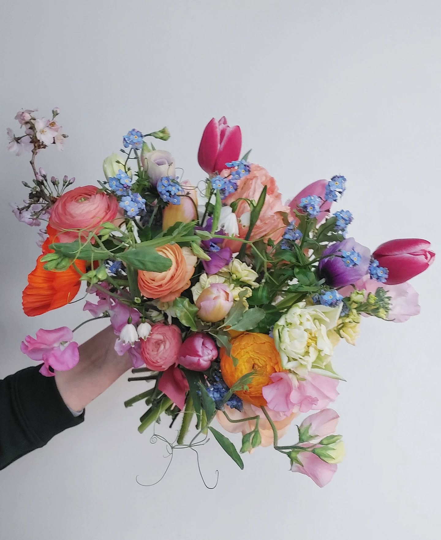 Hannah's bouquet.
Cheerful spring favourites, including the first of this years british blooms, tulips, anemones, blossom, gravetye giant. And some market flowers.
London florist / Spring wedding flowers / spring bouquet / Getting married