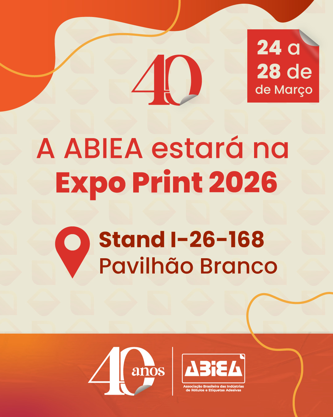 A ABIEA confirma presença na Expo Print 2026, um dos principais encontros da indústria gráfica no país.
De 24 a 28 de março, estaremos no Expo Center Norte, compartilhando o stand da Abigraf. Nosso espaço será um ponto de conexão para associados, parceiros e profissionais do setor de rótulos e etiquetas.
Mais do que presença institucional, queremos promover diálogo, fortalecer relacionamentos e valorizar o protagonismo das empresas associadas.
Faça seu credenciamento pelo site oficial do evento e venha nos visitar.
ABIEA 40 anos. Juntos, construindo essa história.