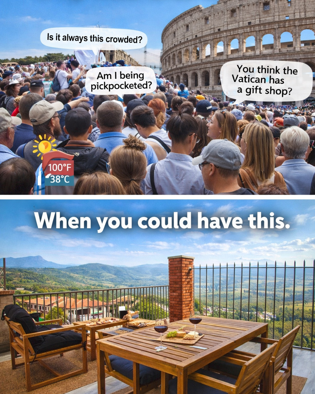 Rome. Crowds. Heat.
Someone definitely standing on your foot.
Or…
A private terrace in the Sabine hills.
A glass of wine. A village view that hasn’t changed in centuries.
Same trip to Italy. Very different experience.
Just 45 minutes from Rome… but a world away from the crowds.
https://www.luxuryworldstay.com
#luxuryitalianstay #ItalyVacation #VisitItaly #AuthenticItaly #ItalyTravel #CastleStay #BoutiqueStay #HiddenItaly #ItalyOffTheBeatenPath #WineLovers #FoodieTravel #ItalianWine #ItalianFoodLover #LuxuryTravel #AllInclusiveVacation #CulturalTravel #SlowTravel #TravelDifferently#DreamVacation #speakeasy