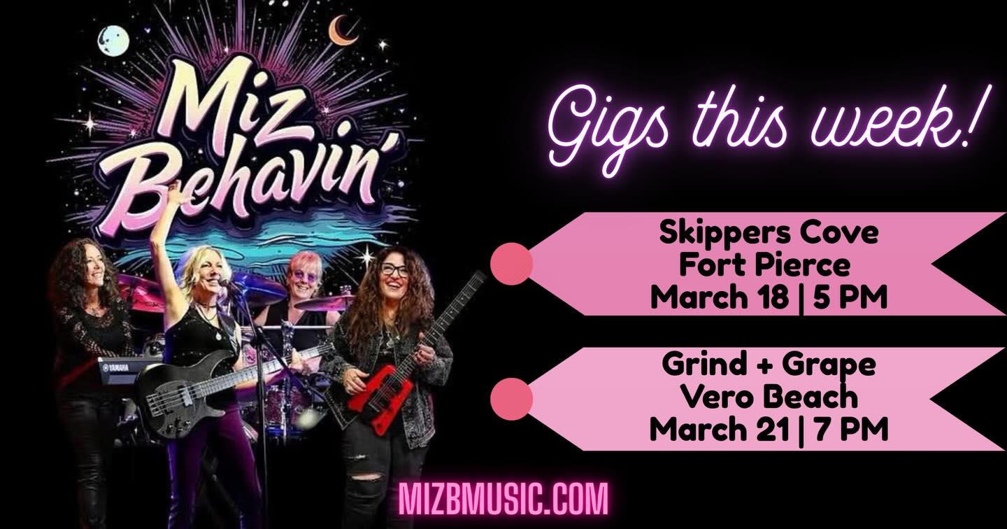 MizBehavin’ is back at it this week! 🎶
Catch us Wednesday, March 18 at 5PM at Skipper’s Cove and Saturday, March 21 at 7PM at Grind + Grape.
Great music, good vibes, maybe a little MIZbehavin’. 😉
Come hang with us! 🎸✨