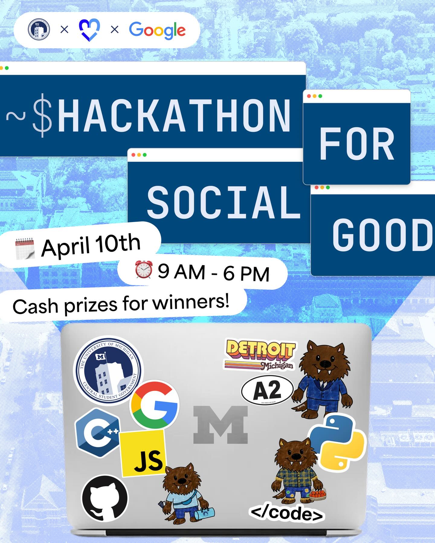 Join CSG and @t4sg_umich for the first-ever university hackathon, in partnership with @google, exclusively for University of Michigan students! Sponsored by @umichtech.
You’ll join a team of 4-5 (either be matched or bring your own) and build solutions that create digital public infrastructure in the Metro Detroit area using Google’s emerging technologies! We’ll be joined by their support staff, and you’ll have the opportunity to meet Google professionals and leading U-M experts dedicated to civic technology.
You do not need to be tech major—all departments of both Undergrad and Grad students are welcome. Designers, business students, and tech enthusiasts of all skills and levels are integral to building a solution. We want all of you!
Cash prizes for winners, and lunch is provided (while supplies last)! Register now at the link in bio- limited to the first 100 students.