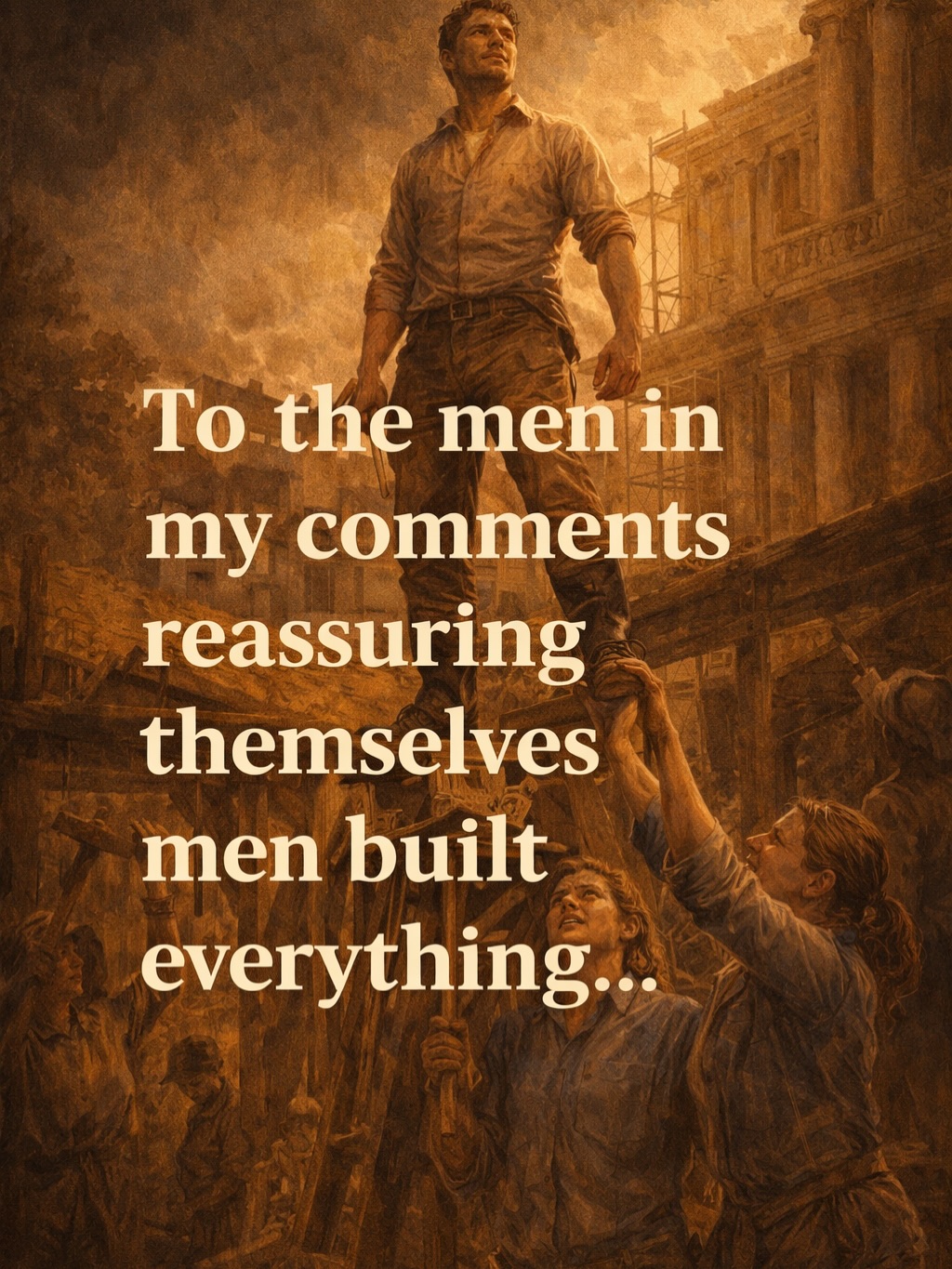 “Men built everything. “ That only makes sense to people who ignore the structure underneath it. For most of history, women weren’t absent from labour, innovation, or progress. They were embedded in it. Supporting it. Sustaining it. Often doing the work that made all other work possible. It was all labour. ONLY SOME of it was recognised.
When women did push into education, careers, leadership… it wasn’t because the door was open. It was because they forced it.
That’s the part that gets left out of the “men built everything” story. Not just the invisible work but the resistance required to be seen at all.
This isn’t about diminishing what men have built. It’s about seeing and recognising the whole picture.