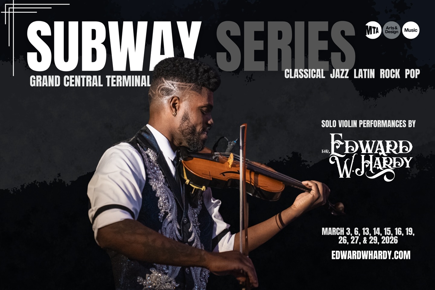 Where Sound Speaks: Bringing that same @carnegiehall concert energy to my “Subway Series” performances at @grandcentralnyc!🎻
New dates have been added to the March poster, along with previous posters from this year, and today marks the 26th “Subway Series” solo violin performance😆
I’m also excited to share new Marvel-inspired concert posters for April, May, and June!
PS: today’s performance will be from 3:30-7pm.
– – -
@mta @mtaartsdesign / Music Under New York
A “Subway Series” of public solo violin performances at Grand Central Terminal presented in collaboration with MTA Arts & Design and Music Under New York.
Drawing from classical repertoire, jazz, Latin music, rock, and contemporary popular works, Dr. Hardy presents a wide-ranging multi-genre program reflecting the versatility of the modern violin. Each performance is prepared with the same level of professionalism and presentation as his formal concert engagements, reinforcing his commitment to artistic excellence in both traditional and nontraditional spaces.
These performances aim to make high-level live music accessible to a broad public audience while fostering an inclusive environment where the boundaries between performer and listener dissolve.
#grandcentralterminal #violin #livemusic #violinist #artscommunity