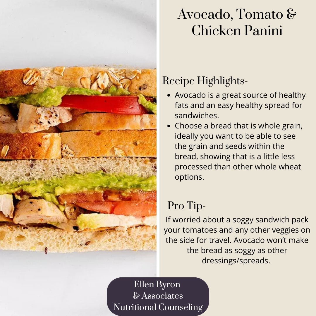 Recipe of the week!
Lunches can be challenging, this sandwich is a great way to get in some whole grains, lean protein, vegetables, and healthy fats!
Using sliced chicken breast instead of deli meats helps with reducing sodium as well as preservatives. Make a few chicken breast for the week to keep on hand for quick protein adds for sandwiches, salads, stir-fry, and more.
Avocado is a great way to get in healthy fats, use in place of mayo in all kinds of recipes, including chicken or tuna salad.
-
#dietitianofig #lunchmeals #quicklunch #recipeoftheweek #lunchrecipes