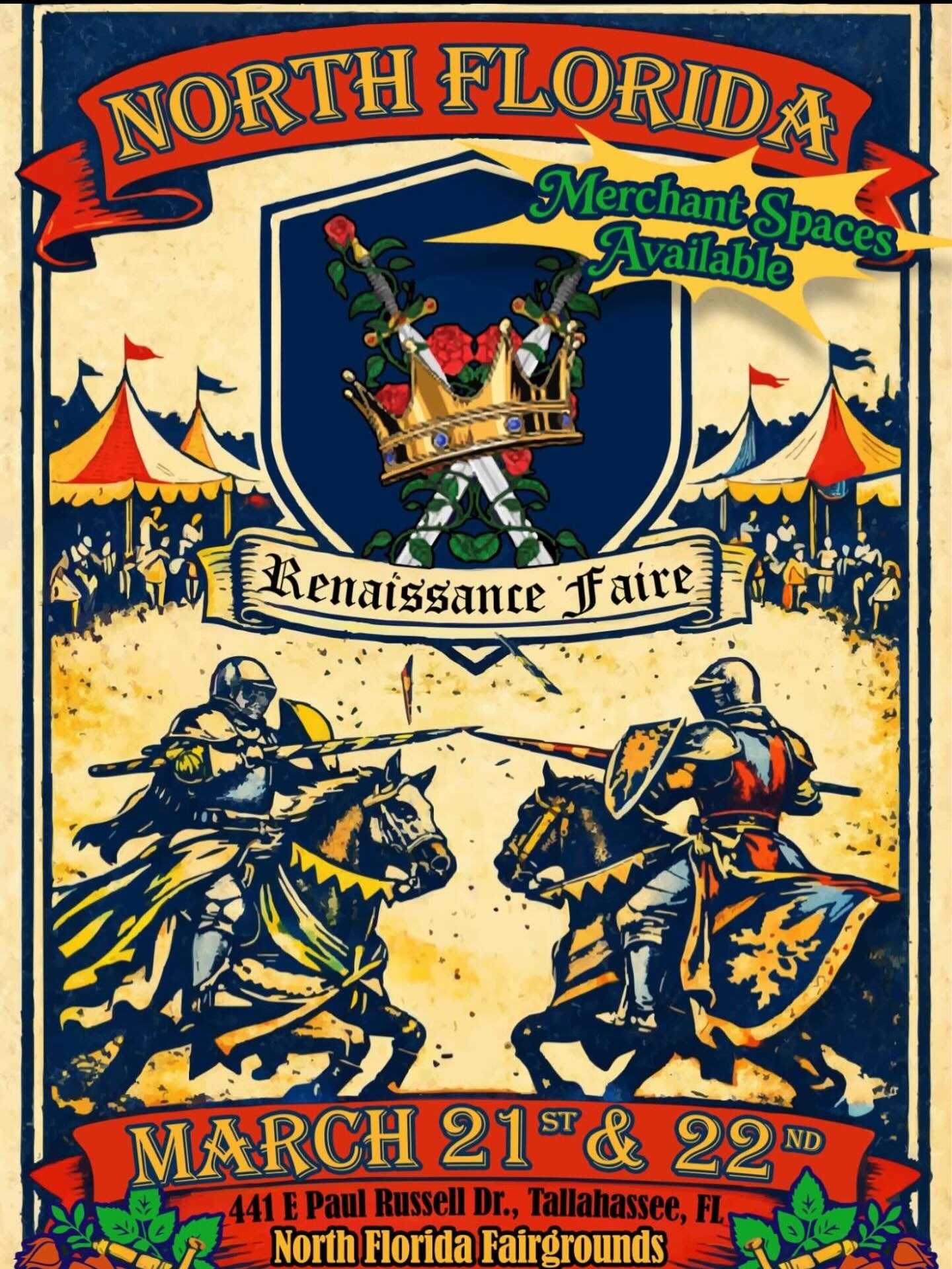 This weekend come find us at the North Florida Renaissance fair. For one we can only March 21-22. Where you can find some one of a kind merch from vendors like us plus get a chance to see live mma fighting, jousting and more entertainment!