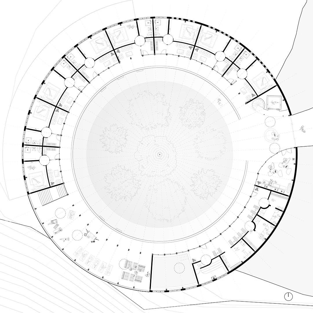 Project 3
Eco Hotel Catalonia
Named after the Tavertet living Catalonian philosopher, Raimon Panikkar (1918-2010). The Raimon Panikkar Hotel design follows this philosophers ideas around the interconnection between nature and humanity, rather than commercially exploiting the site with a human-centric, solely view-oriented volume. The hotel places nature at its center and raises environmental awareness among visitors.
Built with local granite and wood/clt in a strict 3m grid alone, the construction is completely prefabricated in elements; lowering construction effort and environmental impact.
The granite walls carve out of the mountain and are topped with a light wooden construction that reflects the surrounding nature where the trees grow out of the cliffs. A site visit showed a natural spectacle, defining the genius loci.
Due to the climatic conditions of the Pre-Pyrenees in combination with the Panta de Sau, intense morning fog develops.
A low-tech design with fog collectors and solar chimneys can harvest the fog and create natural ventilation. The naturally collected water and the solar panels on the roof allow the hotel to function primarily self-sufficient.
Beneficial impact on the local community, the hotel creates jobs for regional employees. Guests can stay for a few hours or several weeks and enjoy the local cuisine, relax in the spa, visit workshops for sustainable tourism and species protection, and above all reconnect with nature.
#architecture #architect #floorplan #architectural #floorplans #hoteldesign #masterthesis #circle #bestnewarchitects #modelarchitecture #potd #new #realestate #design #designhotel #larsenliverpool #architecturecompetition #woodarchitecture #ecofriendly #newpost #architecturelovers #studentwork #archiporn #archigram #hotel #newartist #arquitectura #arch #discover #architecture_hunter