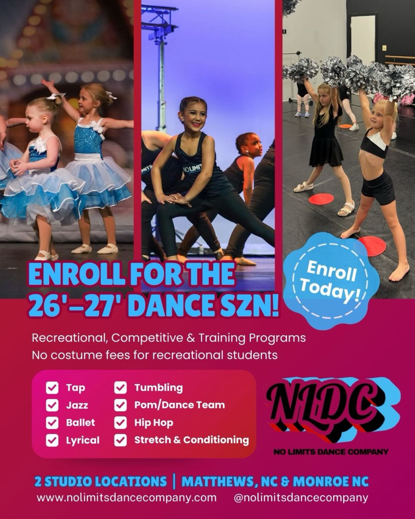 No Limits Dance Company is now enrolling for the 2026–2027 season! From recreational dancers to competitive performers and technique-focused training, we’ve got a program for every level.
✔️ No costume fees for recreational students
✔️ 2 convenient studio locations minutes from highway 74 and 485
✔️ Parent-friendly lobby & viewing areas
✔️ Welcoming, supportive dance community
Tap • Jazz • Ballet • Hip Hop • Lyrical • Tumbling•Pom/Dance Team • Technique • Stretch & Conditioning • Creative Movement
Register Today at the link 🔗 in our bio!
📍 Matthews Studio | 11025 Monroe Rd E, Matthews, NC
📍 Monroe Studio | 908 N Sutherland Ave. Monroe, NC