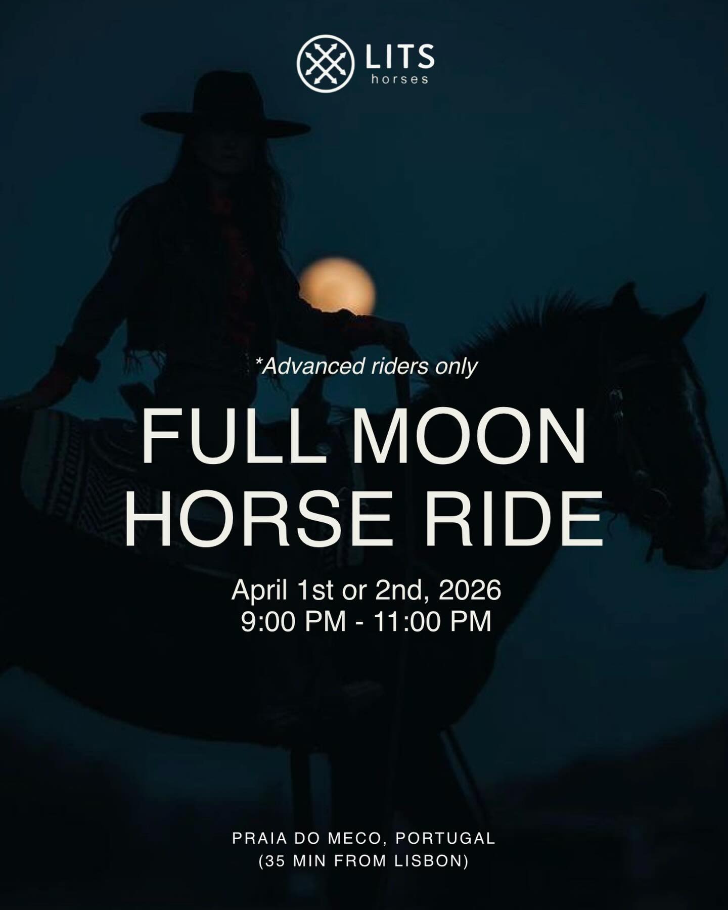 Full moon horse rides
Next dates: Wednesday 1st, or Thursday 2nd 2026
Designed for advanced riders, this experience takes you through the beach and forest under the soft glow of the full moon.
The path is naturally lit, the atmosphere quiet and intimate, and the bond with your horse deeper than ever.
📍Praia do Meco
📲contact us