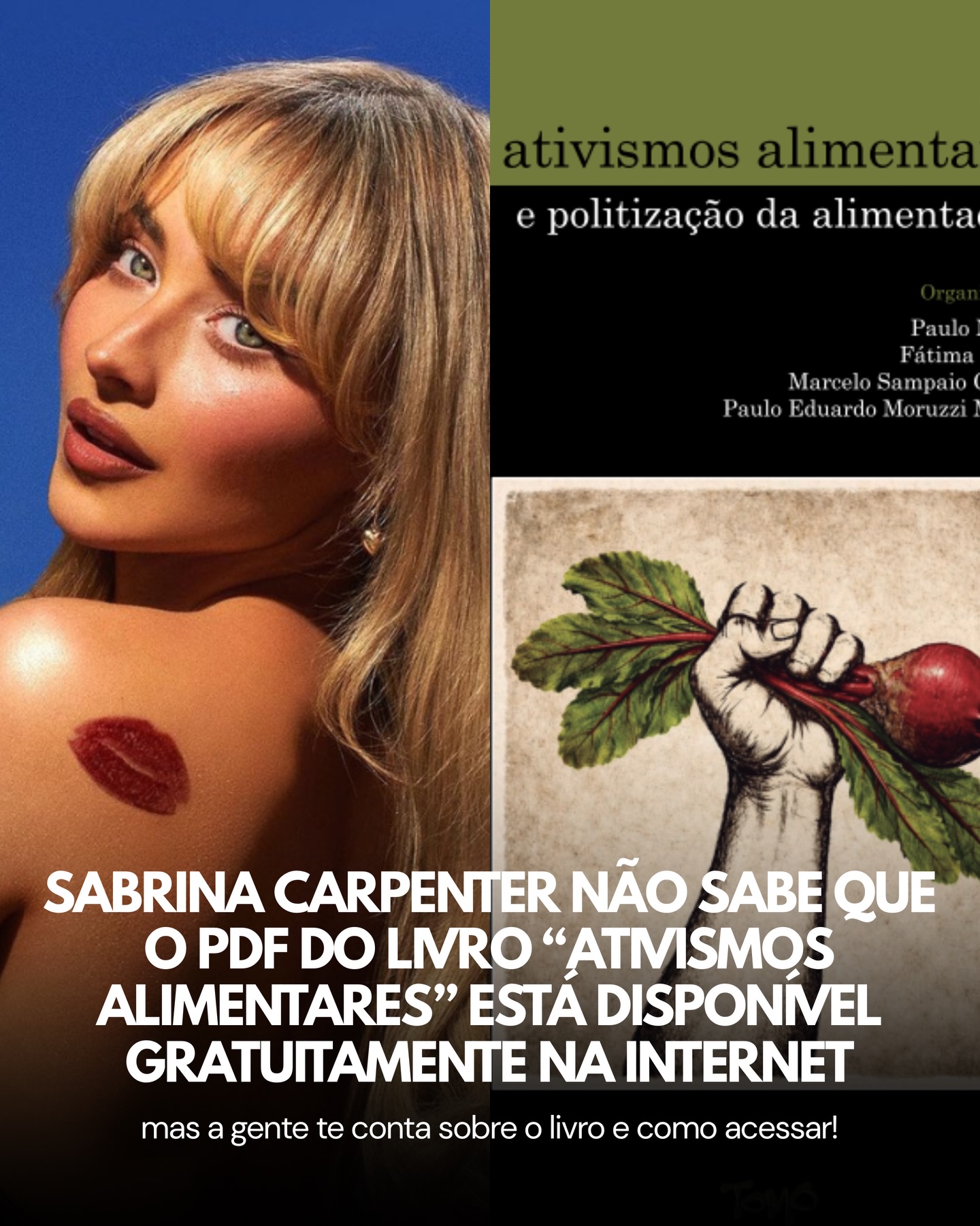 A gente soube que a Sabrina chega ao Brasil essa semana para cantar no Lollapalooza… então já fica o convite: entre um show e outro, dá tempo de conhecer o livro “Ativismos alimentares e politização da alimentação”.
A obra analisa experiências em nove capitais brasileiras e mostra como a comida também é um tema político, atravessado por disputas e novas formas de organização para construir sistemas alimentares mais justos e sustentáveis.
Se a Sabrina quiser entender um pouco mais sobre comida, ativismos e práticas alimentares no Brasil… o PDF já está esperando (link na nossa bio!).