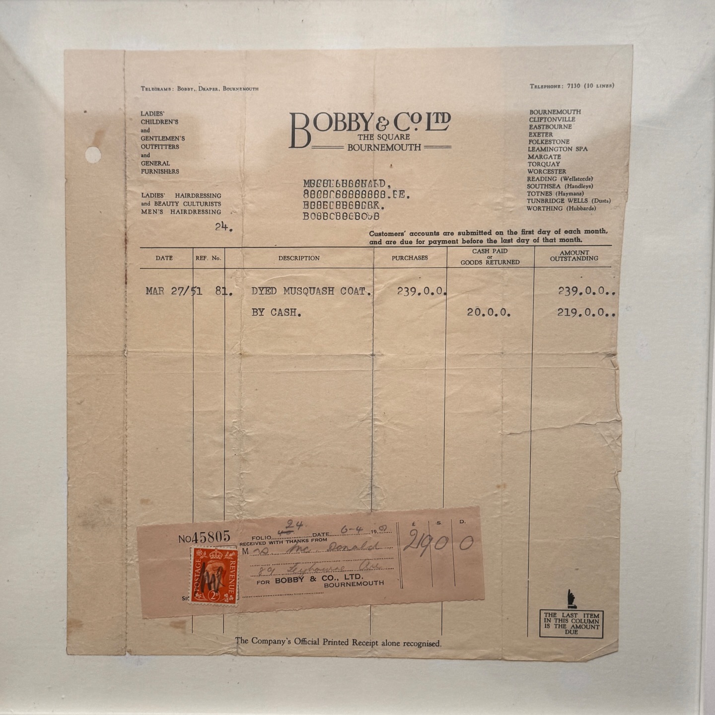 A wonderful piece of Bobby’s history arrived through the post last week! 📜
We received an original 1951 Bobby’s receipt for a musquash coat.A glimpse into our past and the fashions of the time. Safe to say, a coat like this would be worth a pretty penny in today’s money.
A huge thank you to the individual who kindly sent us this very special piece of Bobby’s history. We’re excited to add it to our collection and will soon be displaying it in our lobby area alongside other items from our past 🧡
