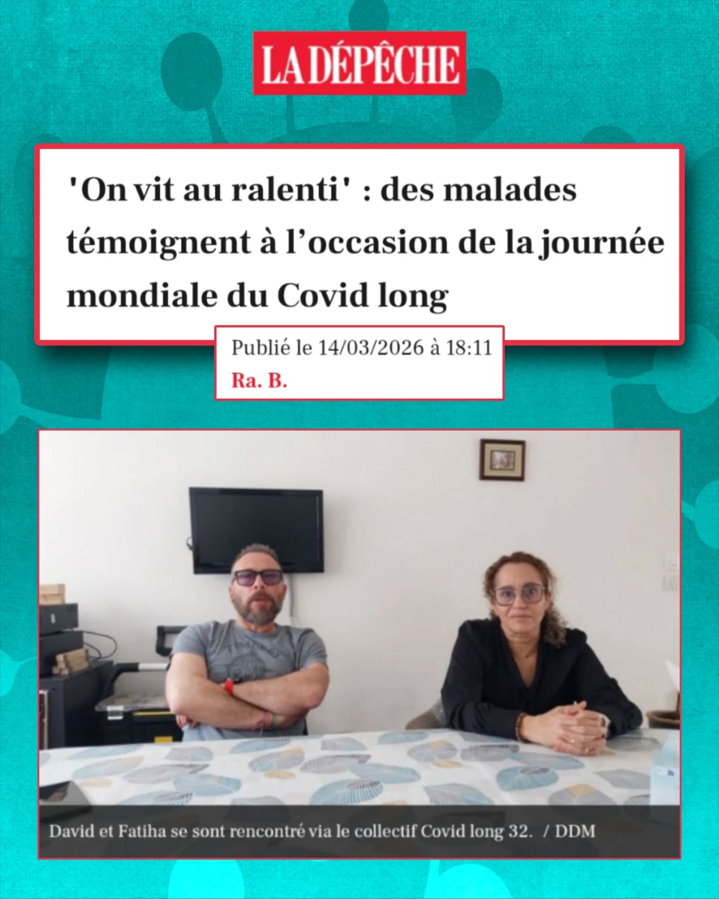 🧵#CovidLong : des patients épuisés par des années de maladie
À l’occasion du 15 mars, des patients témoignent d’une maladie encore trop méconnue.
#LongCovidAwareness
🧠Fatigue extrême, troubles cognitifs, difficultés respiratoires…
Pour certains, « le Covid ne s’est jamais vraiment arrêté ».
👉Une maladie invisible, encore largement sous-estimée.
Le poids du regard des autres est immense :
« C’est une maladie invisible. Certains jours je vais bien, alors les gens pensent que tout est réglé. »
👥David et Fatiha sont tous deux atteints de #CovidLong depuis plusieurs années.
Leur vie a basculé brutalement :
« Un matin, je me suis levé et la machine ne marchait plus. »
📋Le diagnostic arrive souvent tardivement, après de nombreux examens.
➡️fatigue écrasante
➡️troubles de la mémoire
➡️difficultés à se concentrer
➡️+ de 200 symptômes recensés
« Même une conversation peut être pénible. »
⚠️Un symptôme clé : le malaise post-effort #MPE
« Un effort physique ou mental peut provoquer une dégradation brutale. »
➡️parfois plusieurs jours cloué au lit
➡️fièvre, tremblements
🏥Fatiha, aide-soignante, a été contaminée au travail en 2020 :
« Mes poumons étaient atteints à 70 %. »
Depuis : fatigue persistante, troubles cognitifs, rééducation continue.
👁️Une maladie difficile à comprendre pour les autres :
« C’est une maladie invisible. Certains jours je vais bien, alors les gens pensent que tout est réglé. » handicapinvisible
💼Les conséquences sont aussi professionnelles :
➡️reclassement
➡️perte du métier
« J’aime ce que je fais, mais ce n’est plus mon métier d’aide-soignante. »
🏠Le Covid long bouleverse aussi les proches :
« La fatigue est telle que tout devient un défi : faire les courses, discuter, sortir… »
👉Une vie imprévisible, organisée autour de l’énergie disponible.
🤝Face à l’isolement, des patients s’organisent.
David et Fatiha ont rejoint un collectif dans le Gers :
« On recense une 20aines de personnes diagnostiquées, mais on sait qu’il y en a davantage. »
Des espaces essentiels pour se soutenir et rendre visible la maladie. #CollectifCL32
📉Un problème majeur : le manque de données.
⏬Suite en commentaire