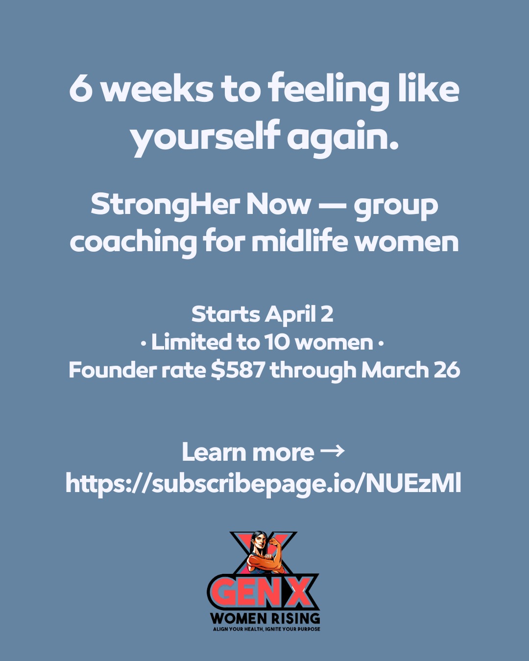 6 weeks to feeling like yourself again.
Not a “new you.” Not a better you.
Just you — with more energy, more strength, and a deeper sense of ease in your body.
Because somewhere along the way, a lot of midlife women were taught to push through, ignore the signals, or start over completely…
But what if you didn’t need to start over?
What if you just needed the right kind of support?
StrongHer Now is a small-group coaching experience designed specifically for midlife women who want to feel stronger, more grounded, and more like themselves again — without extremes or pressure.
✨ Starts April 2
✨ Limited to 10 women
✨ Founder rate $587 through March 26 (use code FOUNDER)
If your body has been asking for something different lately… this might be it.
👉 Learn more: https://subscribepage.io/NUEzMl
Curious—what’s one thing that would help you feel more like yourself again right now? 💬
(Need a payment plan? Reach out to us in the dm's!)