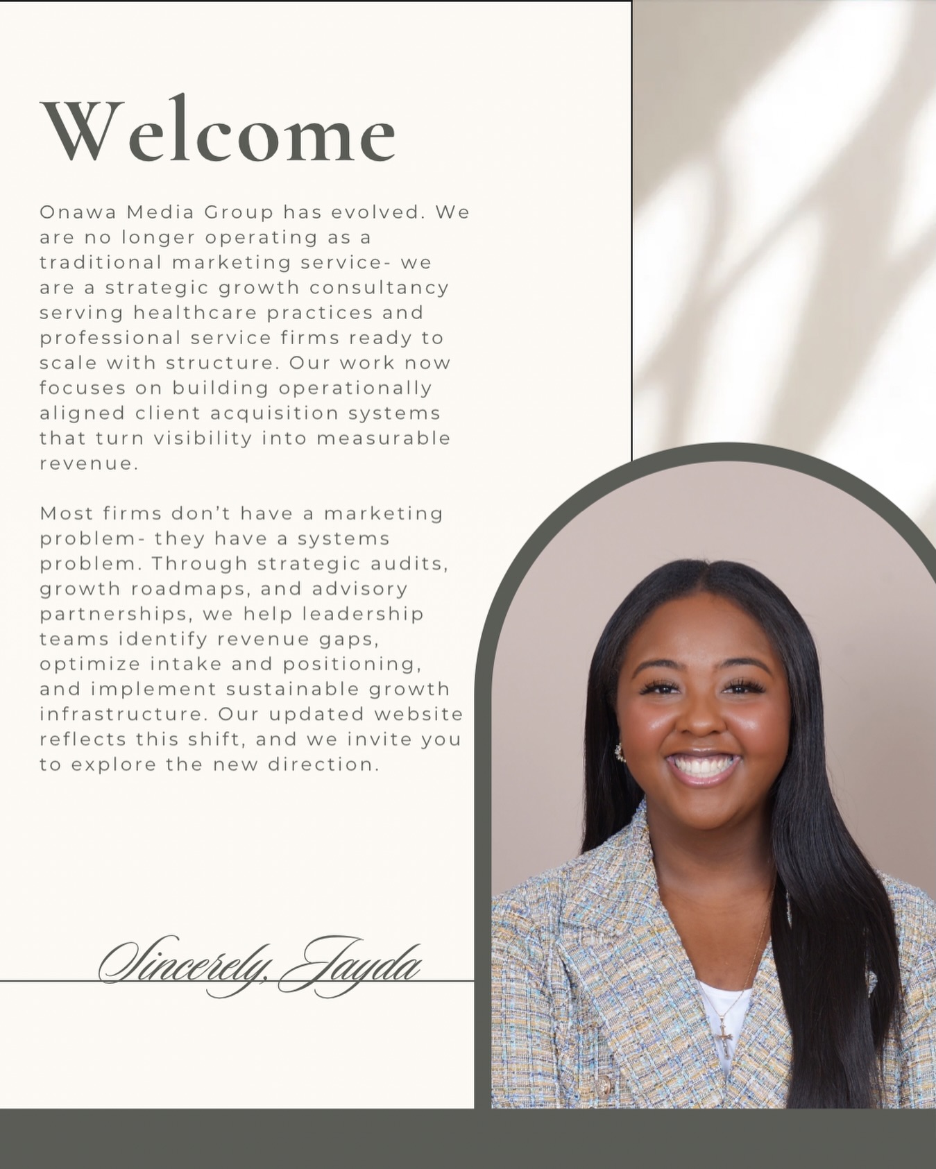 A quick re-introduction.
Over the last year, I realized my clients needed strategy more than posting- they needed clarity on how to grow, position their brand, and move their businesses forward.
Because of that, Onawa Media Group is evolving into a strategic growth consulting firm.
I’ll still support brands, but the focus now is helping entrepreneurs build the strategy behind the growth.
If you’re ready to build smarter, not just post more, we should talk.
Welcome to the next chapter of Onawa Media Group.
onawamediagroup.com
Thank you for your continued support.
#Strategy #Consulting #Branding #BrandStrategy #OMG