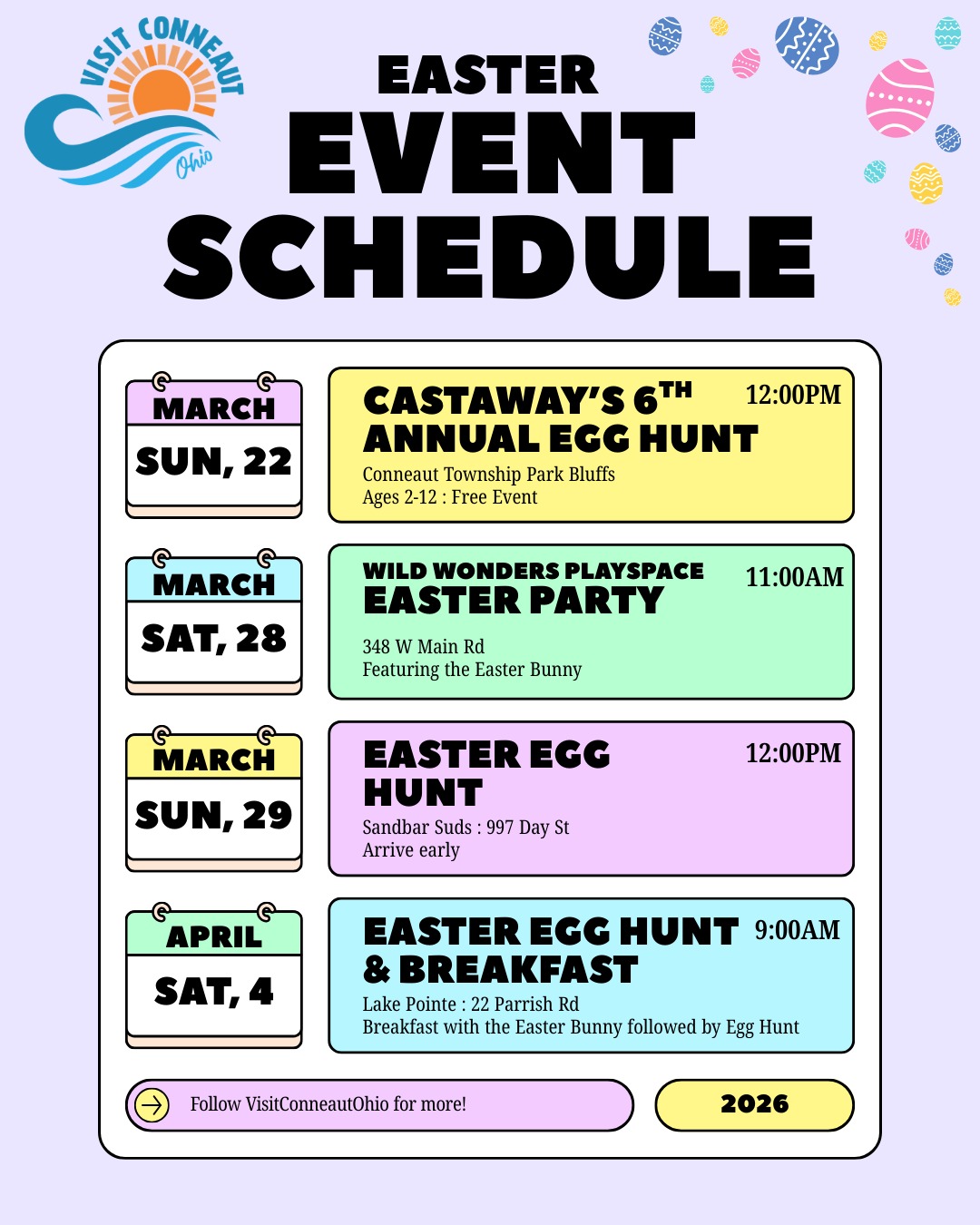 Ready to make this Easter unforgettable? Dive into the excitement with thrilling egg hunts, festive games, and magical moments with the Easter Bunny!
🐰✨
#visitconneautohio #easterevents #conneautohio