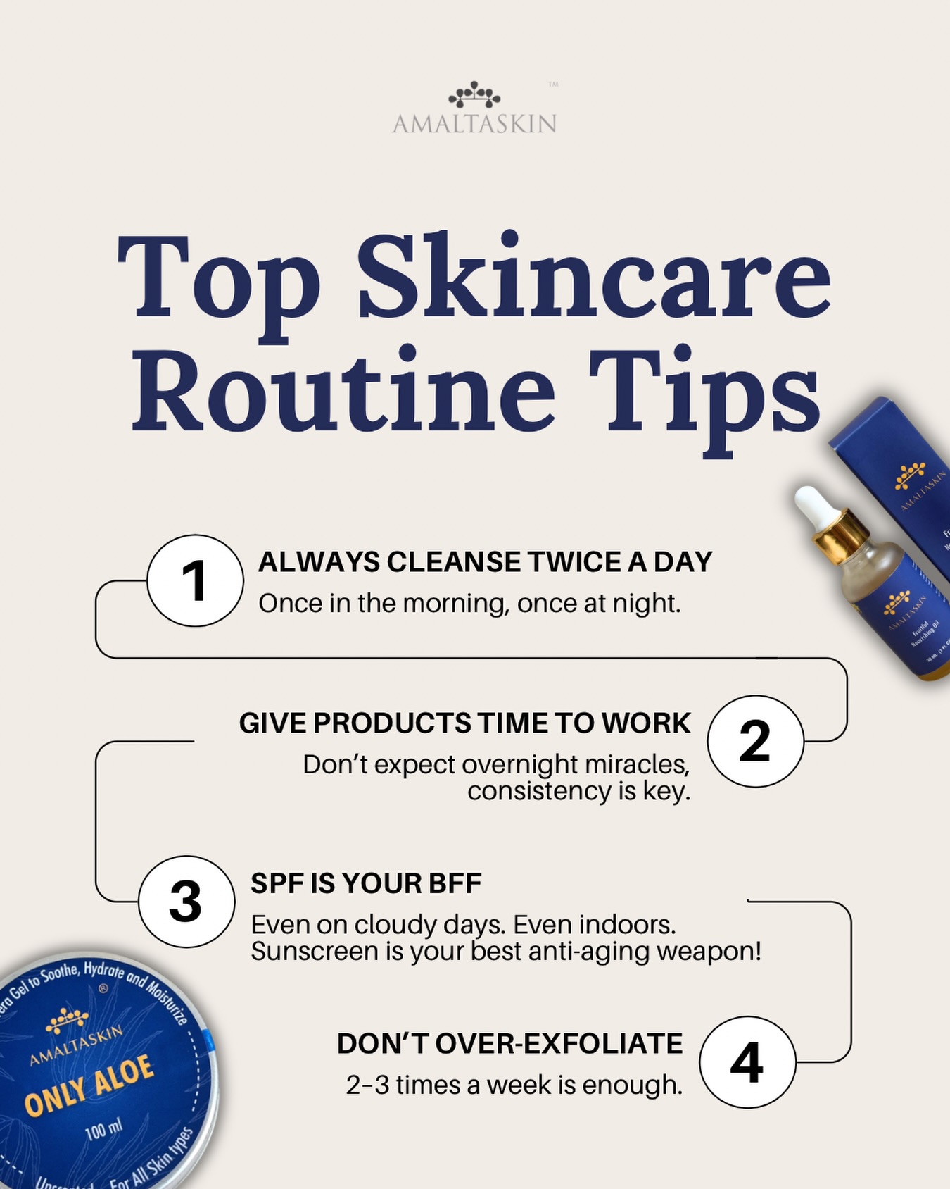 Healthy skin isn’t about doing more, it’s about doing the right things consistently. ✨
Here are 4 simple skincare habits that can make a real difference in your routine.
✔ Cleanse twice a day
✔ Be patient with your products
✔ Never skip SPF
✔ Exfoliate, but don’t overdo it
Small habits. Big glow.
#amaltaskin #glowyskin #summerskincare #skincaretips #summertips