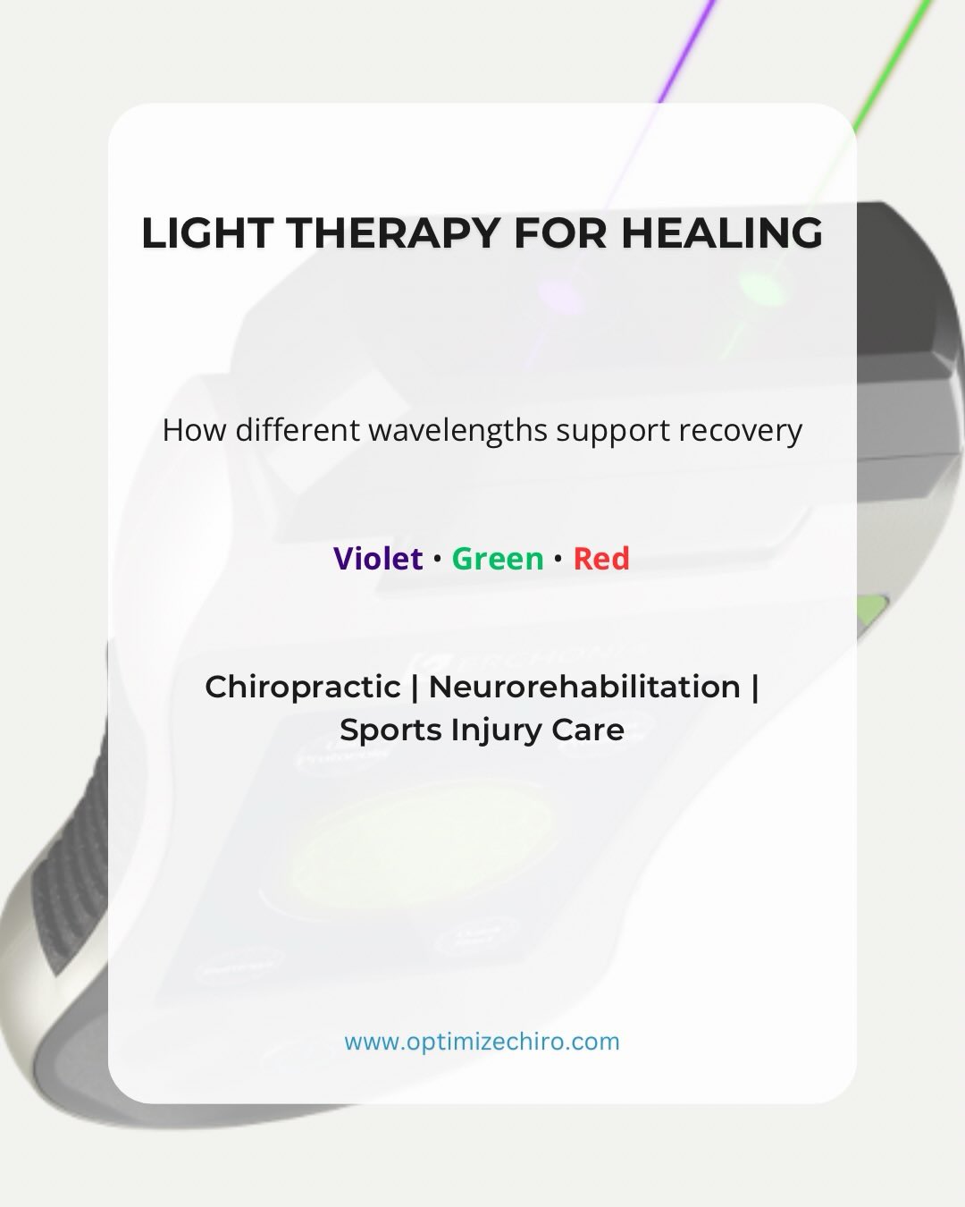 Light therapy is more than just a trend — it’s a science.
Low Level Laser Therapy (LLLT), also known as photobiomodulation, uses specific wavelengths of light to stimulate biological processes inside cells.
Different wavelengths interact with different tissues:
🔴 Red light – reduces inflammation and stimulate cellular energy production
🟢 Green light – emerging evidence suggests roles promoting tissue healing, including nerve and bone
🟣 Violet light – supports antimicrobial effects and enhances cellular detoxification
At a cellular level, light therapy can increase ATP production, improve circulation, modulate inflammation, and support tissue repair.
Because different tissues respond to different wavelengths, modern rehabilitation clinics increasingly use multi-wavelength photobiomodulation systems to target muscles, nerves, joints, and connective tissues.
This allows for a more targeted and physiologically driven approach to recovery.
Swipe to learn how light therapy works.
#photobiomodulation #lowlevellasertherapy #laser #injuryrecovery #sportsinjury