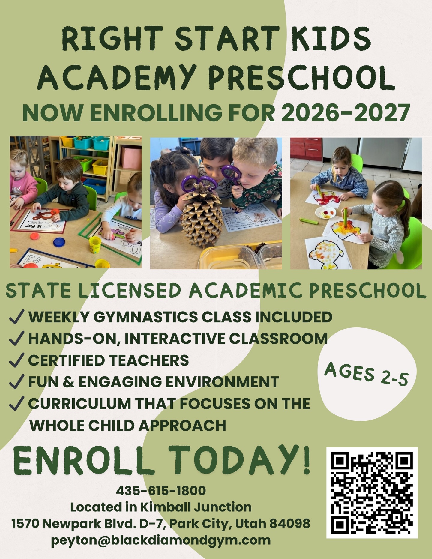 Right Start Preschool Academy in Park City is now enrolling for the 2026-2027 school year! Give your child the perfect start with a program focused on learning, movement and fun in a supportive and engaging environment. Learn more & enroll through the link in our bio or at blackdiamondgym.com/parkcityacademics 📚🎒 #parkcity #education #preschool