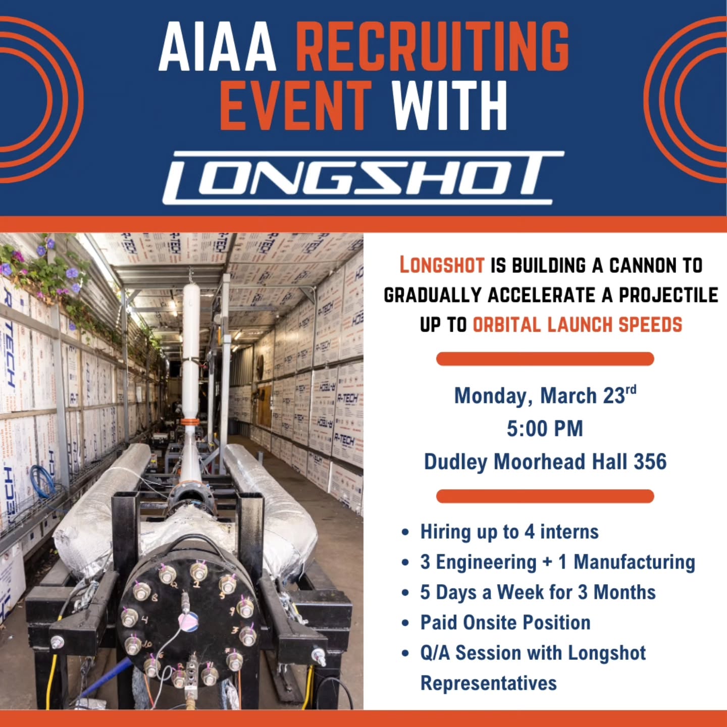 **RSVP LINK IN BIO**
Longshot will be hosting a Recruitment Event on March 23rd @5pm here on campus in DMH356.
They will be hiring up to **4 interns** to be apart of their Engineering and Manufacturing Departments.
And come out for a chance to secure an opportunity of a lifetime!
We hope to see you all there!!
#aerospaceengineering #sjsu #aiaa #longshot