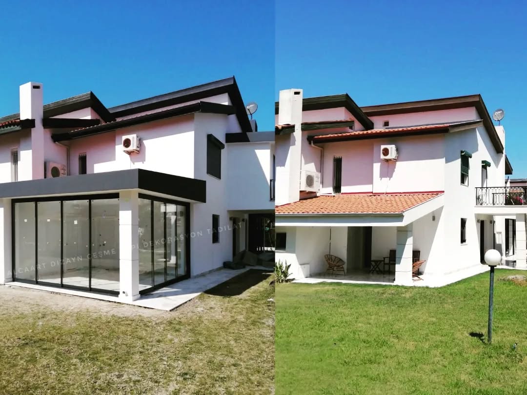 Çeşme Yapı dekorasyon tadilat. Demir Konstrüksiyon pergole. Planlama projelendirme uygulama. Komple cephe boyama. Albert Genau SlideMaster twin model sürme cam sistemi. #cesme #alacati #alcaart #çeşme #alaçatı #cesmetadilat #çeşmedekorasyon