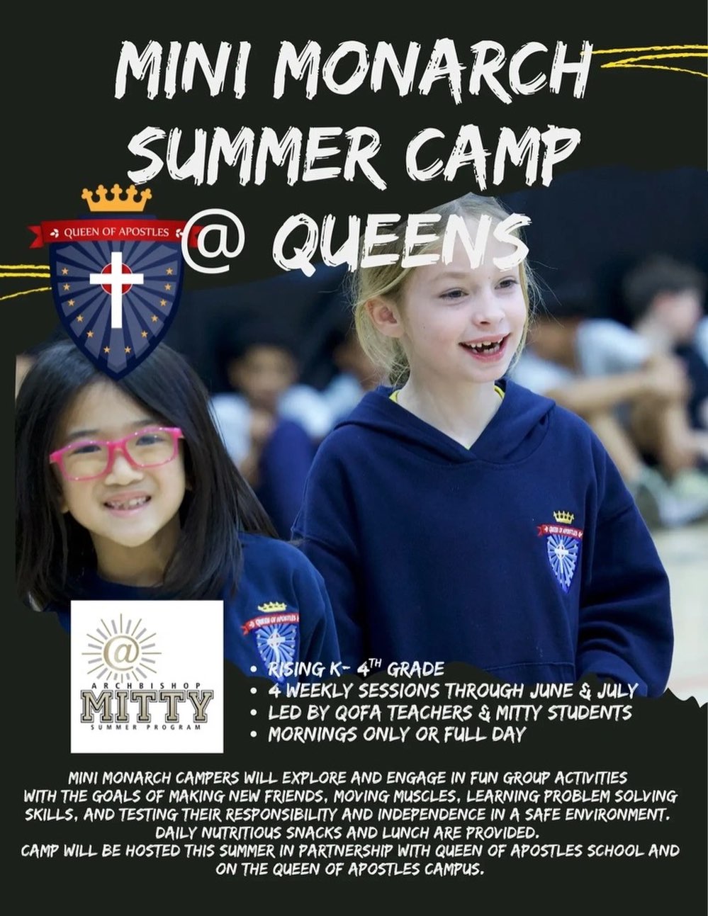 Mini Monarch Summer Camp is Here! Join us on the Queen of Apostles School campus for a summer of fun❤️💙
Link to sign up is in our bio!
#NeverGiveUp #QofA #minimonarch #summercamp #elementaryschool