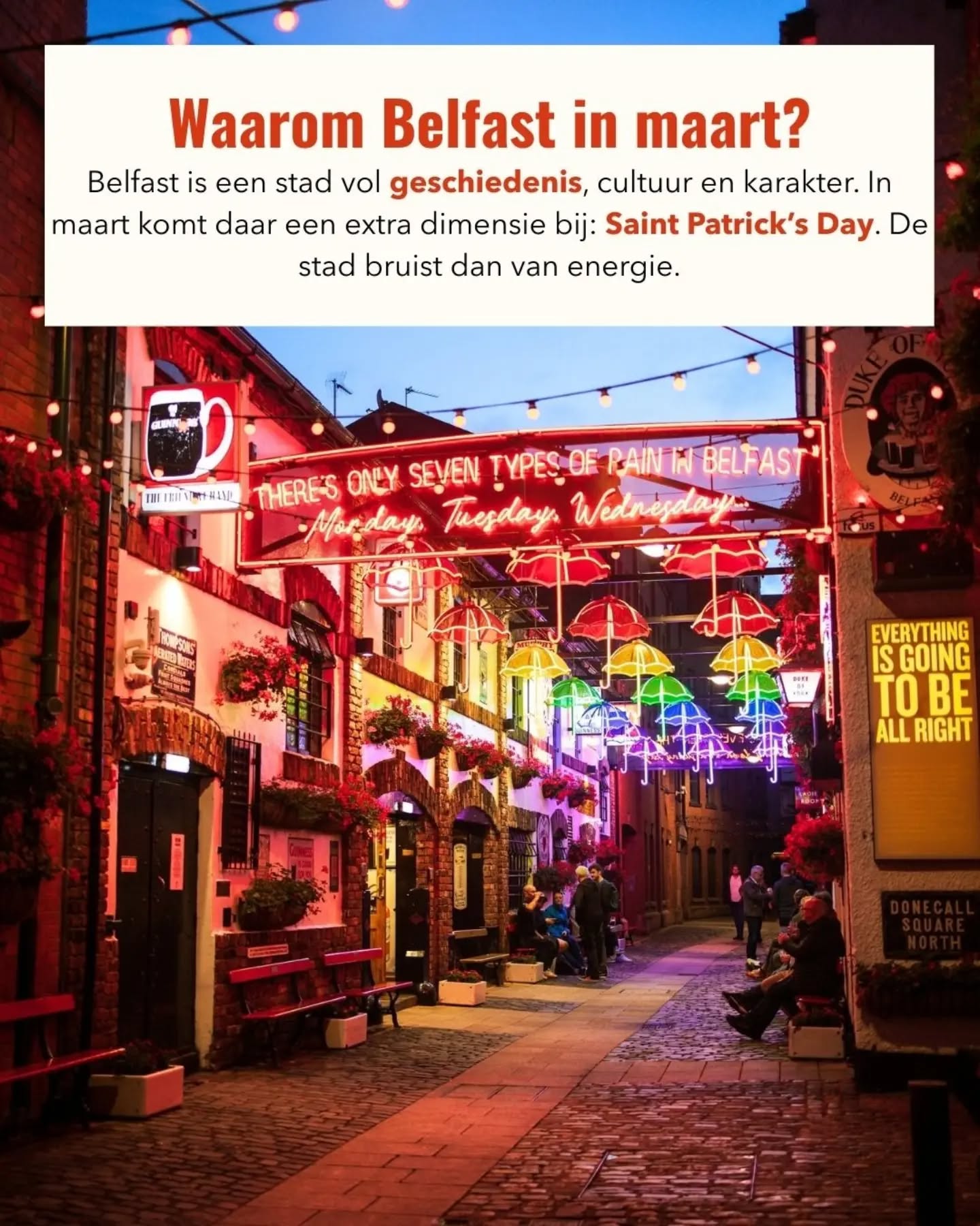 Belfast is in maart anders dan de rest van het jaar. Groen gekleurde straten. Muziek uit de pubs. Ze vieren namelijk Saint Patrick's Day! 🍀
En buiten de festiviteiten is er genoeg om te ontdekken in de stad: Cultuur, Geschiedenis, Karakter.
Saint Patrick's day zelf meemaken?
👉 Kijk op metthijsopreis.com
👉 Volg voor meer reisinspiratie en tips!