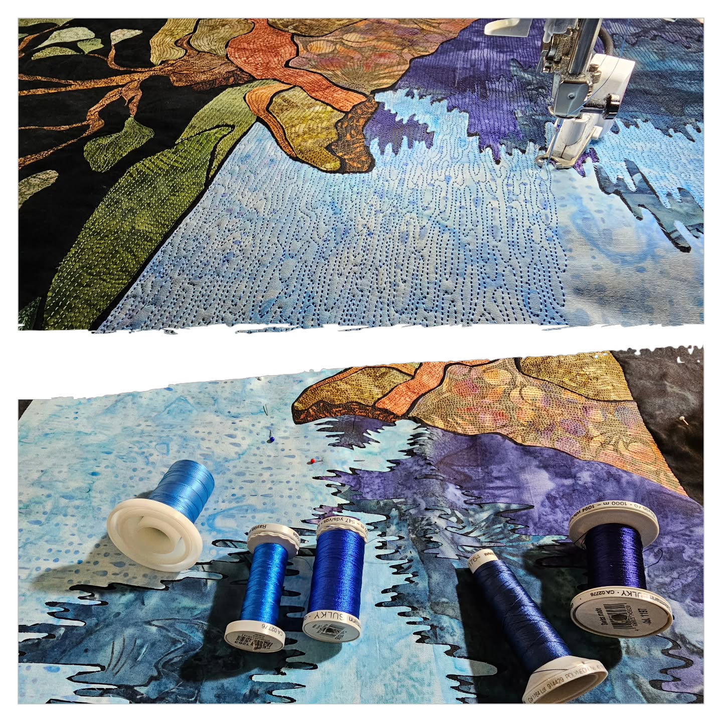 Work in progress.... Choosing colours to match or choosing colours to contrast?
Another tree hanging precipitously off the edge, hanging on but still reaching out to the sky....
#artquilt #landscapeartquilts #inspiredbycoastlines #contemporarytextileart #contemporarystitch