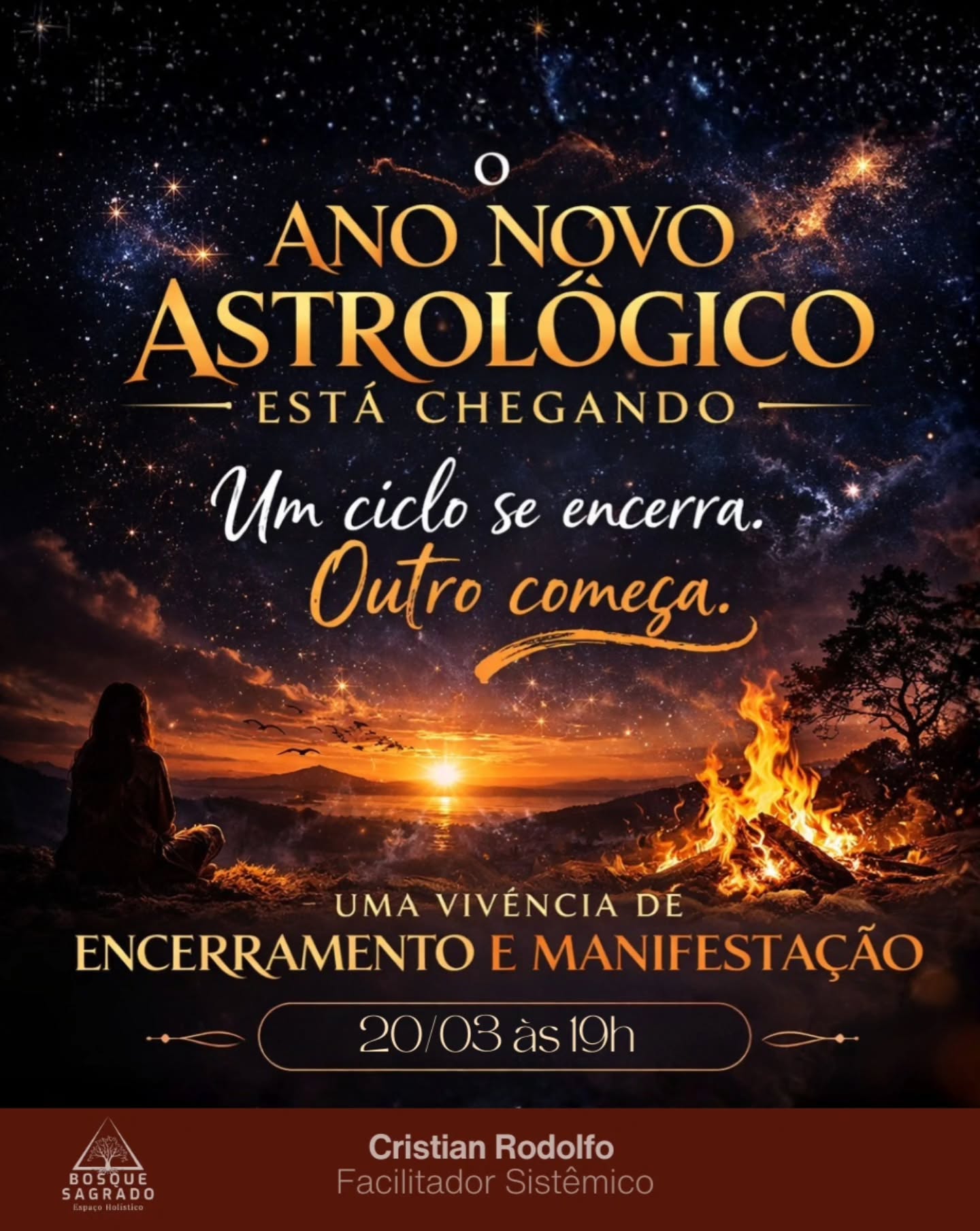 ✨
ANO NOVO ASTROLÓGICO
Quando o Sol entra em Áries, o primeiro signo do zodíaco, inicia-se um novo ciclo energético.
Um momento poderoso para encerrar ciclos, liberar o que já não faz mais sentido e abrir espaço para novos caminhos.
Talvez seja o momento de se perguntar:
O que precisa ser encerrado?
Quais padrões precisam ser liberados?
O que eu desejo manifestar neste novo ciclo?
Para marcar esse portal, vamos viver uma noite especial de transformação com:
• meditação guiada
• limpeza energética
• liberação de crenças
• cerimônia do cacau
• manifestação de intenções
• ritual do fogo
Além disso, cada participante receberá uma análise do seu Ano Pessoal, trazendo uma compreensão mais profunda sobre o ciclo que se inicia na sua vida.
Um espaço de conexão, presença e intenção para iniciar esse novo ciclo com mais consciência.
📅 20 de março
⏰ 19h
As vagas são limitadas.
Se sentir o chamado, me envie uma mensagem para participar. ✨