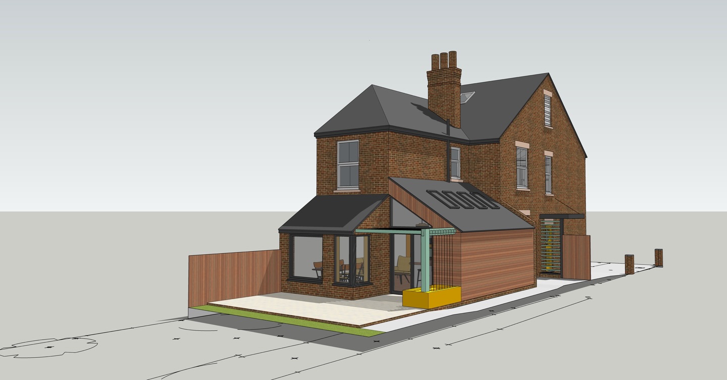 Concept design for this side extension to a traditional semi-detached home, creating a generous kitchen and living space.