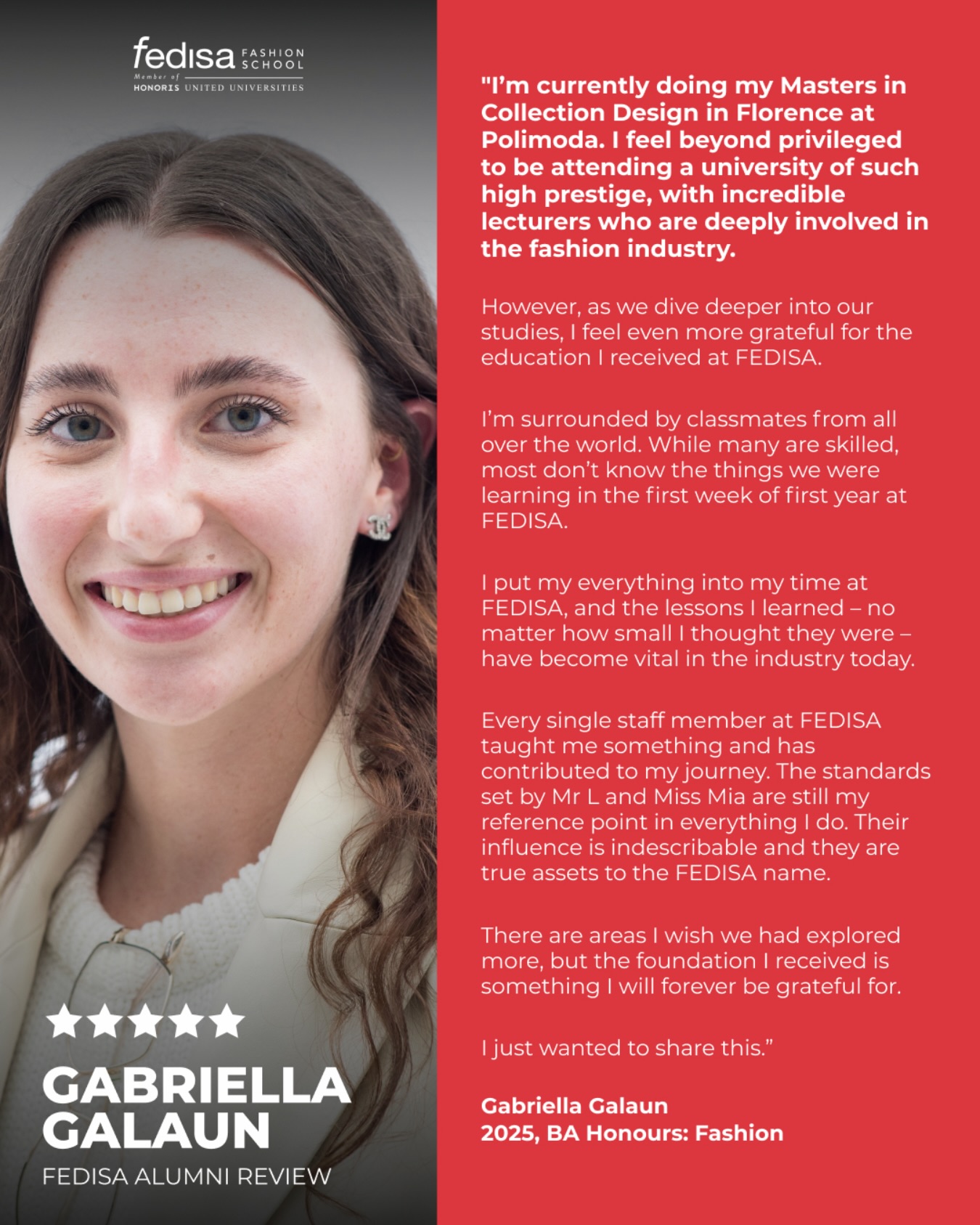 From FEDISA to Florence 🇮🇹
Meet Gabriella Galaun, BA Honours Fashion (2025), currently completing her Master’s in Collection Design at Polimoda.
Surrounded by talent from across the world, Gabriella reflects on just how far her foundation at FEDISA has taken her. The skills she developed early on continue to shape her work at an international level, setting her apart in one of the world’s leading fashion institutions.
Her journey is a reminder that strong foundations matter. What begins in the studio carries forward into the industry.
We are proud to be part of Gabriella’s journey and to see her thrive on a global stage.
@gabigalaun
#FEDISA #Alumni #FashionDesign #Polimoda #GlobalFashion StudentSuccess FromFEDISAToTheWorld