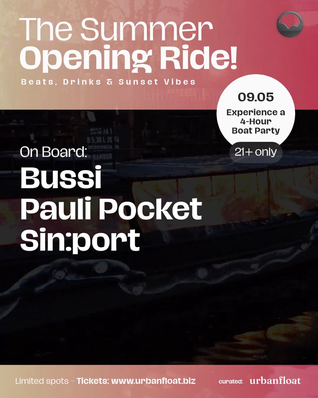 09.05 | SA. 18-22 Uhr | 4 HOURS WITH: @__pauli.pocket__ @sin.portofficial BUSSI | Come on board and dance with us ❤️
Grab your early bird ticket now:
urbanfloat.biz
Viele Bussis & bis janz bald!
Track: Big Mono - Sex Operator Dub