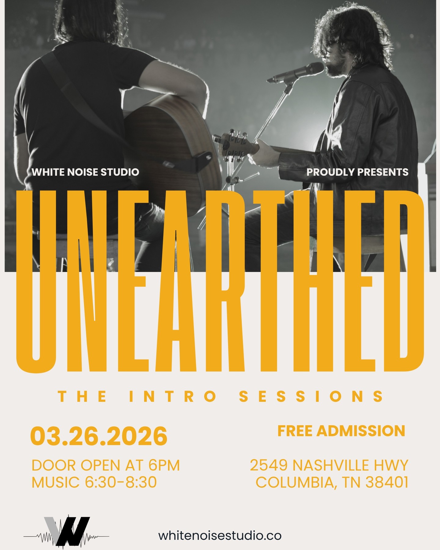 White Noise Studio is kicking off our first event of 2026! Join us for our new series "Unearthed, the Intro Sessions" where we will introduce you to new and upcoming artists. This month we will "Un-earth" music by @spradleymusic, @danterrymusic, @manny_music_official, and @katstewartmusic. Join us next Thursday, March 26th from 6:30-8:30pm (doors at 6). Legacy Coffee, 2549 Nashville Hwy, Columbia, TN. Admission is free, brewed coffee and snacks are free and great community is always free. In 2026 we are excited to hear more original music, grow our community and create even more opportunities for local artists to share their art with the world. Come on out!